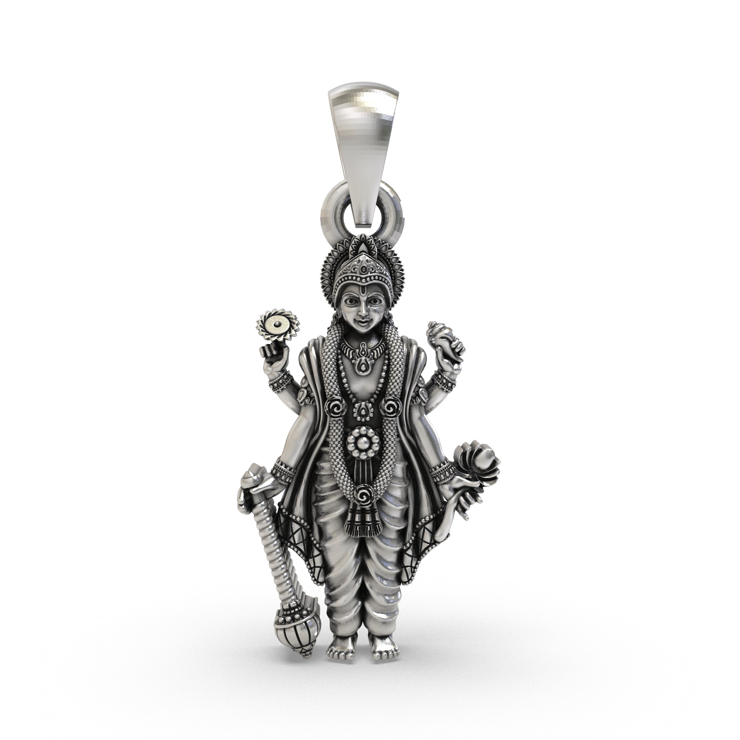 925 Sterling Silver Lord Vishnu Pendant – Four-Armed Narayana Idol with Shankh, Chakra, Gada & Lotus