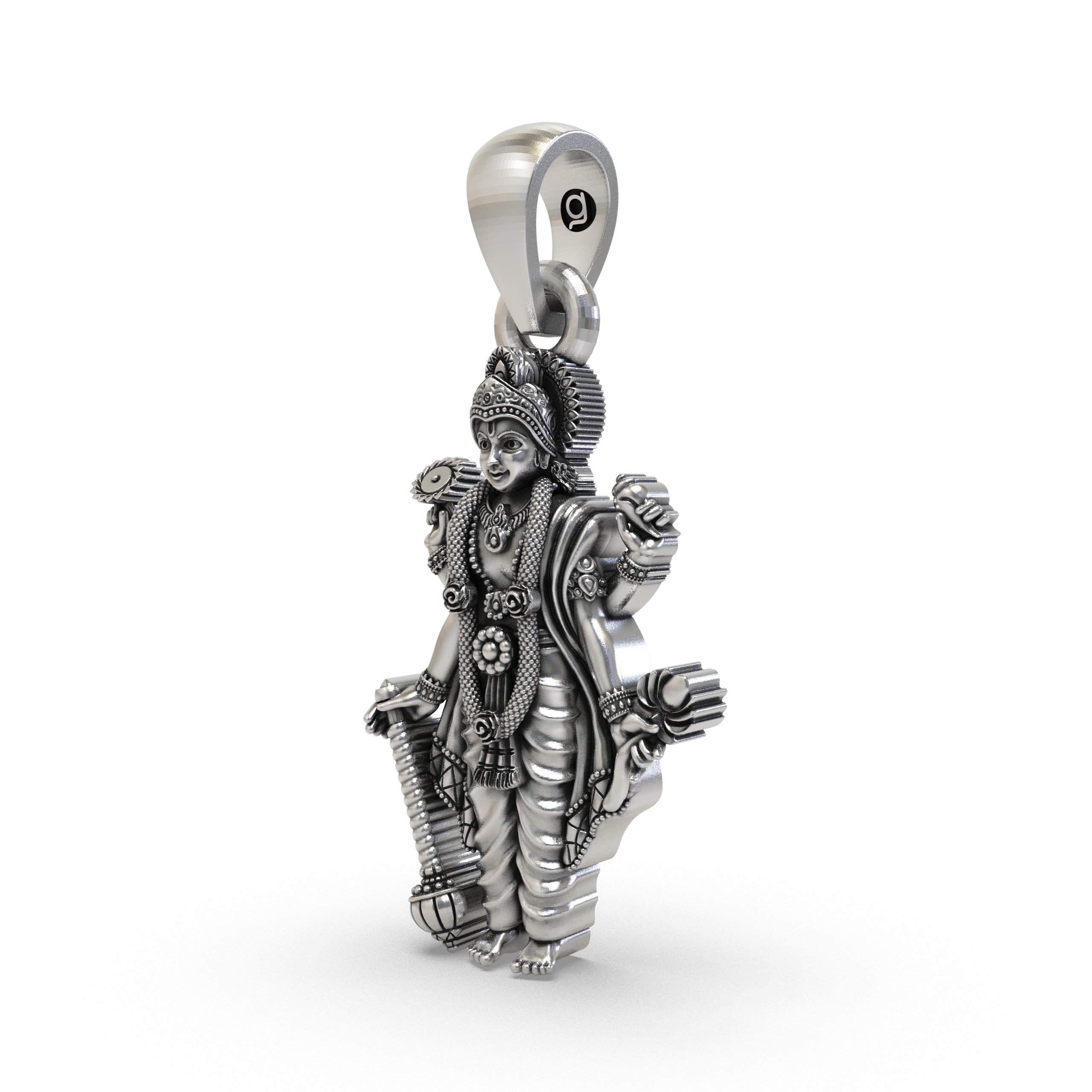 925 Sterling Silver Lord Vishnu Pendant – Four-Armed Narayana Idol with Shankh, Chakra, Gada & Lotus