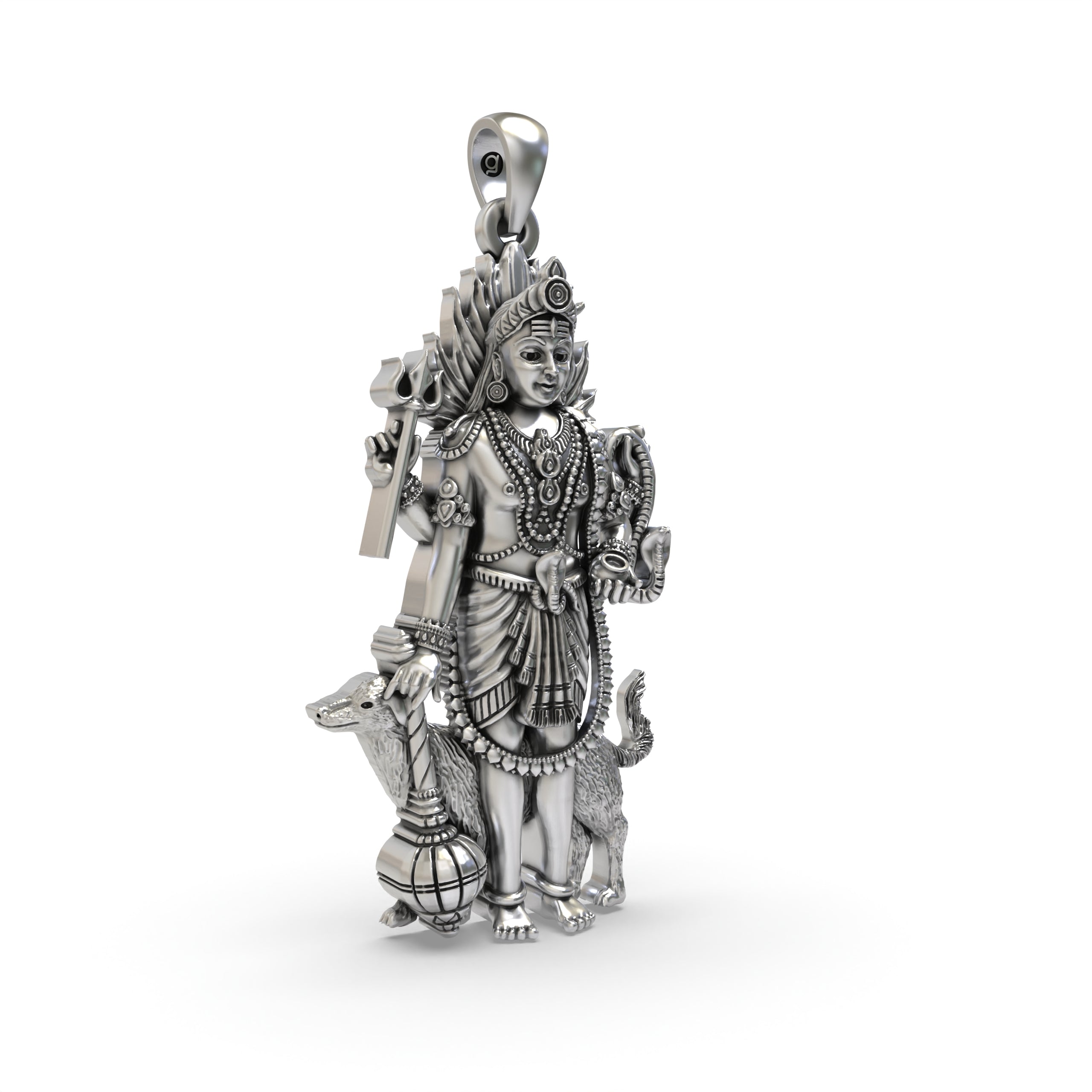 925 Sterling Silver Lord Bhairava Pendant – Kala Bhairav Idol with Trishul, Dog & Damaru