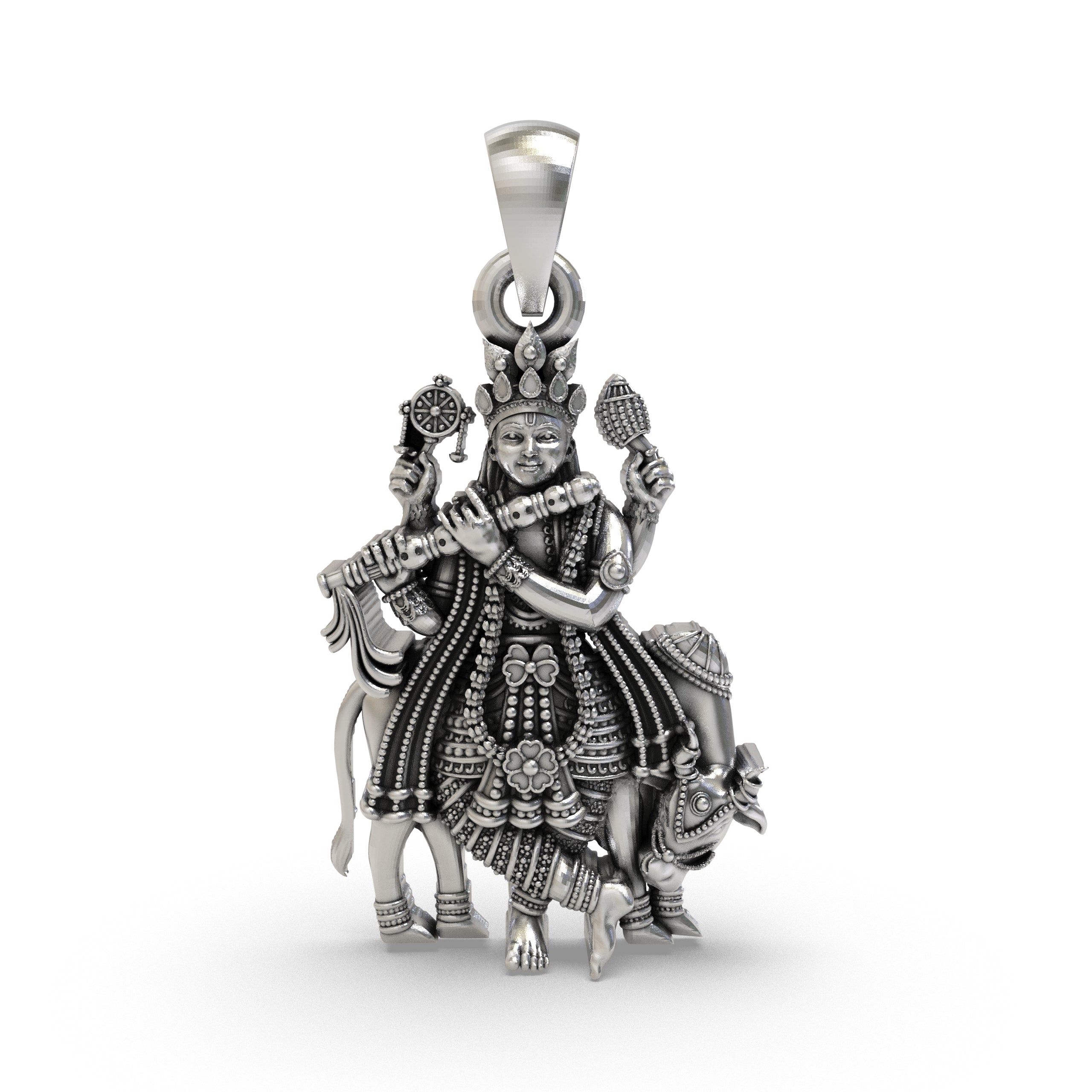 Krishna Pendant with Shankha Chakra and Cow in 925 Sterling Silver | Lord Krishna Spiritual Jewelry | Handmade Hindu God Pendant