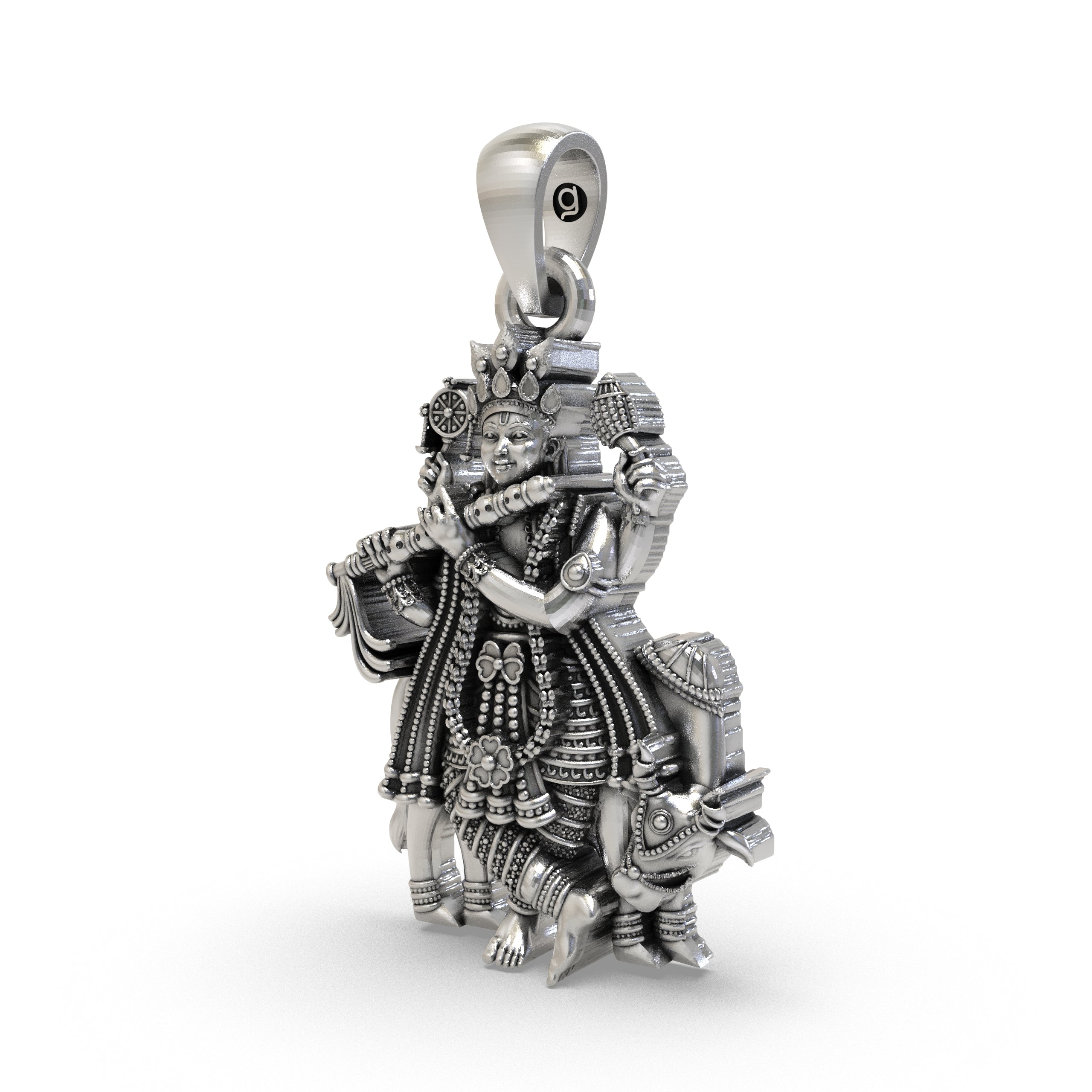 Krishna Pendant with Shankha Chakra and Cow in 925 Sterling Silver | Lord Krishna Spiritual Jewelry | Handmade Hindu God Pendant