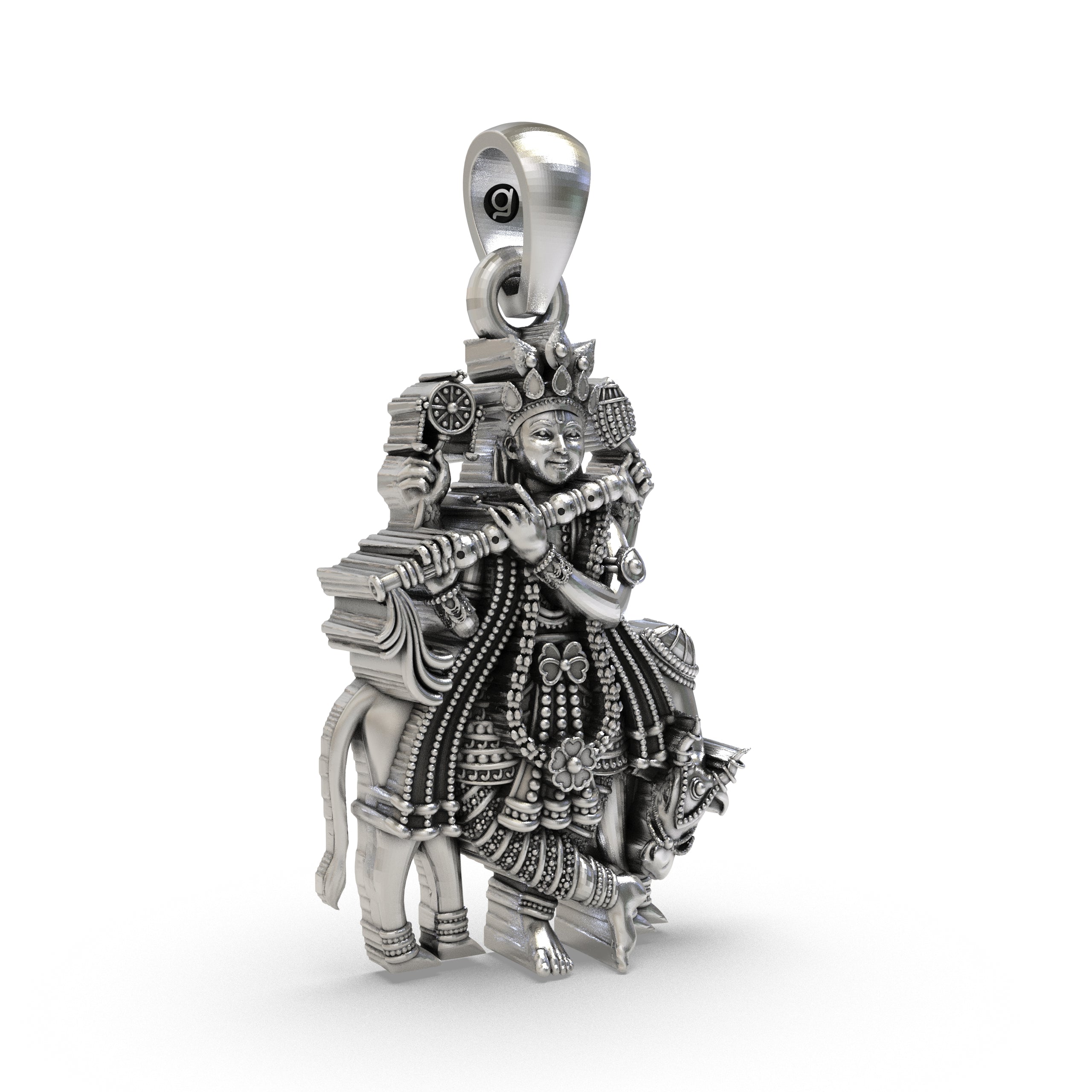 Krishna Pendant with Shankha Chakra and Cow in 925 Sterling Silver | Lord Krishna Spiritual Jewelry | Handmade Hindu God Pendant