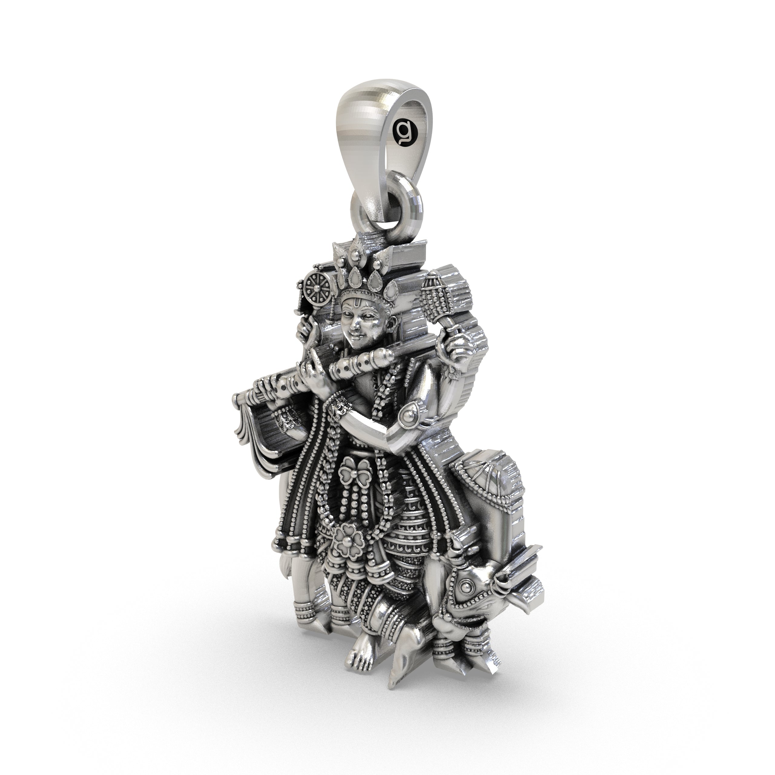 Krishna Pendant with Shankha Chakra and Cow in 925 Sterling Silver | Lord Krishna Spiritual Jewelry | Handmade Hindu God Pendant