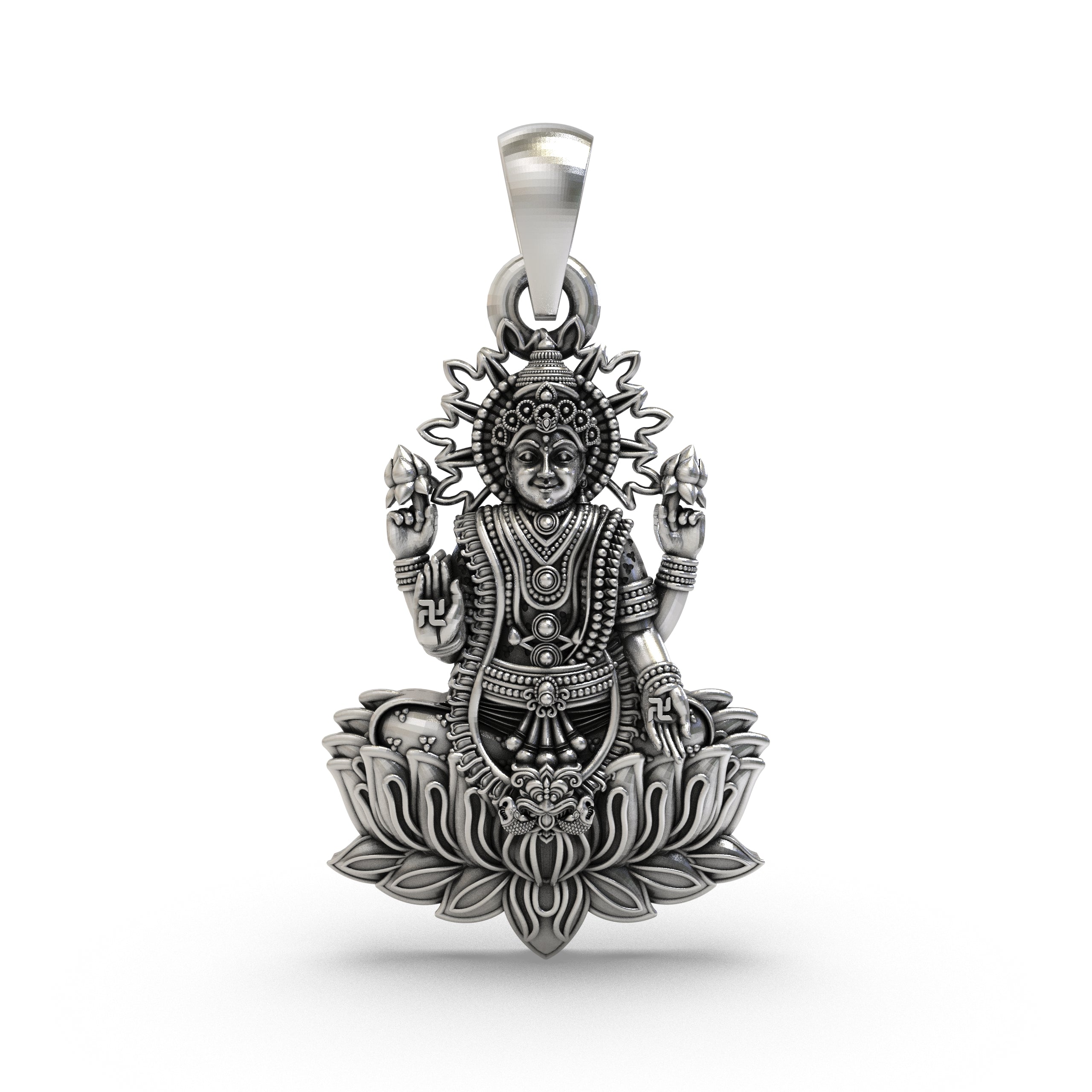Lakshmi Maa Lotus Pendant in 925 Sterling Silver | Goddess of Wealth & Prosperity | Handmade Hindu Spiritual Jewelry