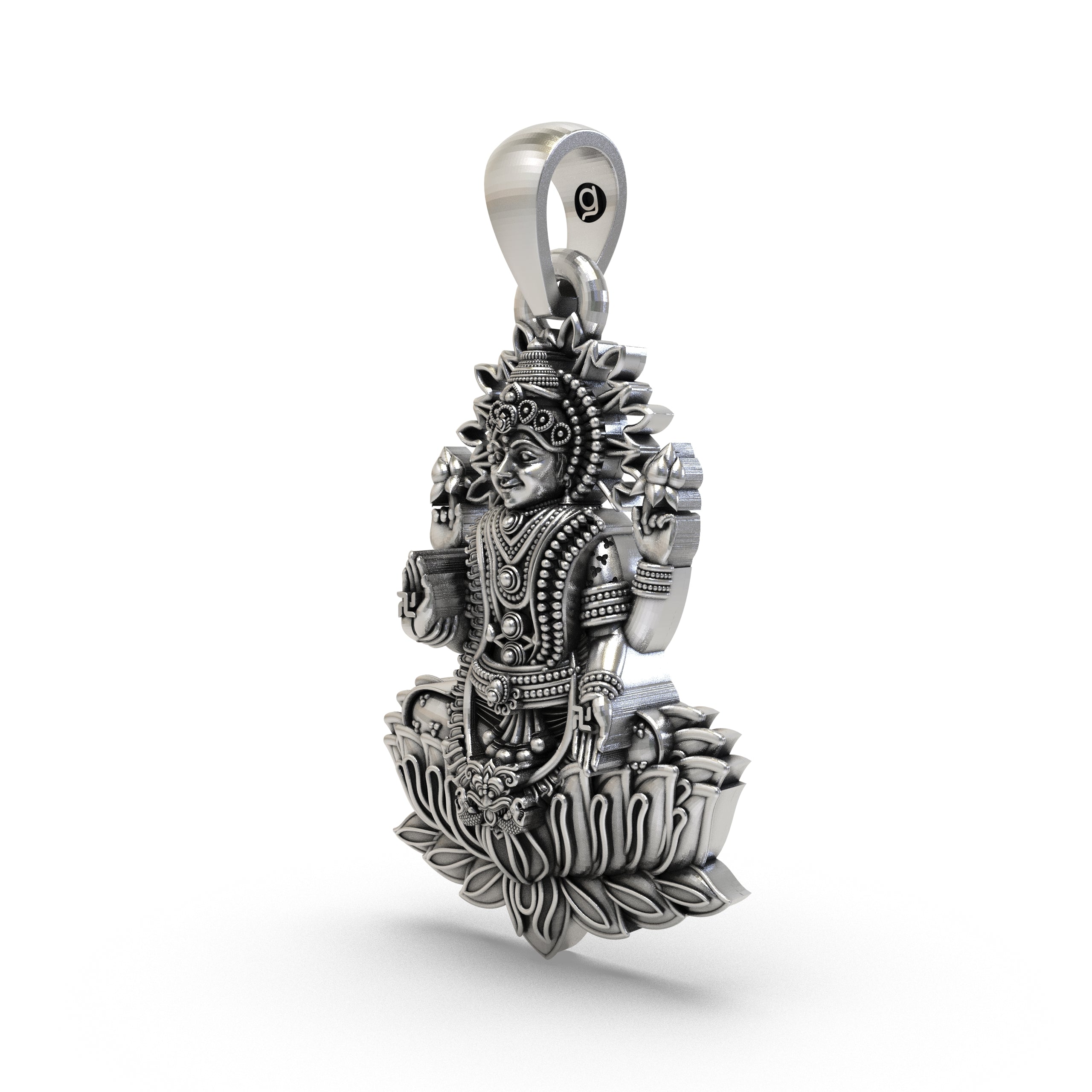 Lakshmi Maa Lotus Pendant in 925 Sterling Silver | Goddess of Wealth & Prosperity | Handmade Hindu Spiritual Jewelry