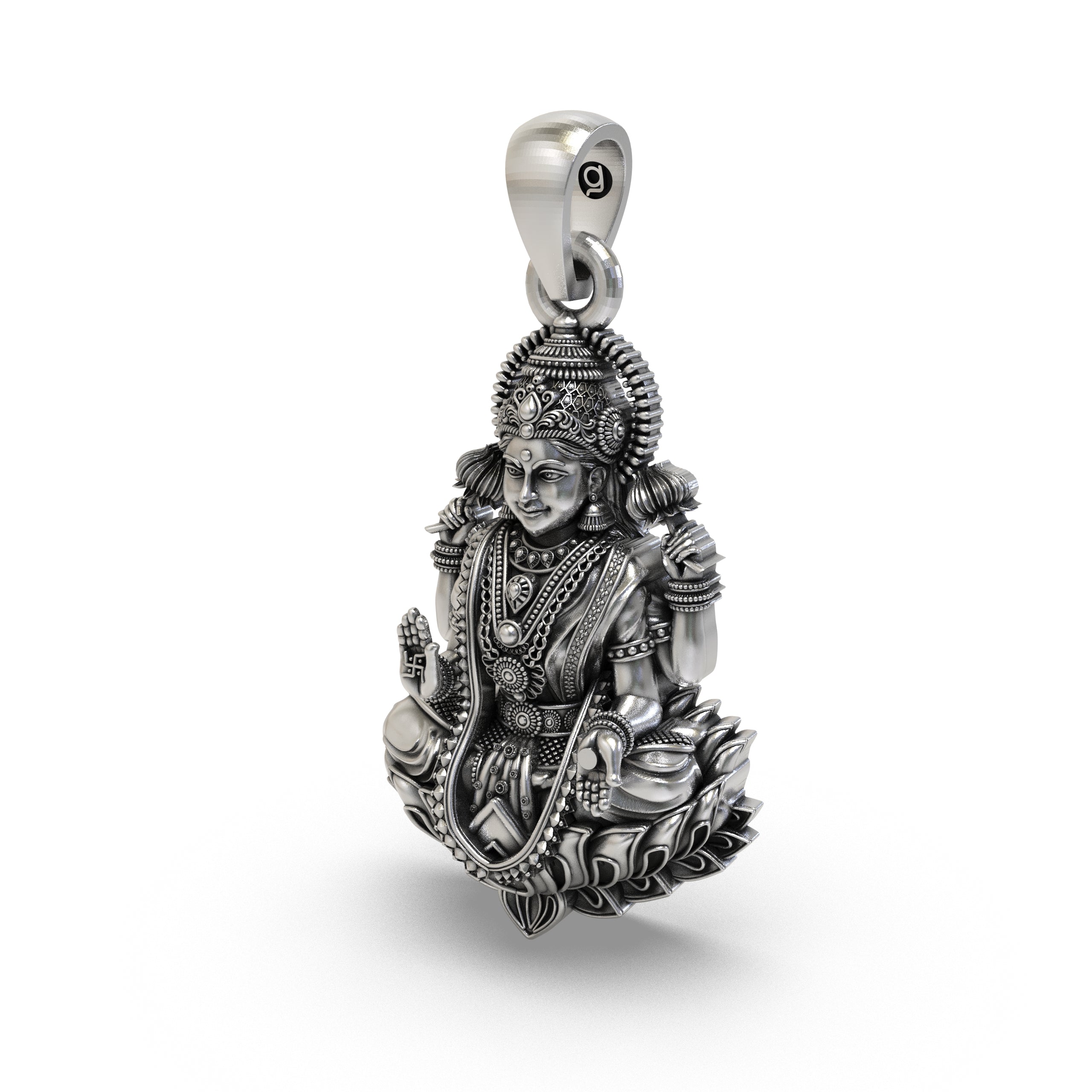 925 Sterling Silver Lakshmi Pendant — Goddess Mahalakshmi Lotus Idol, Handmade Temple Jewellery
