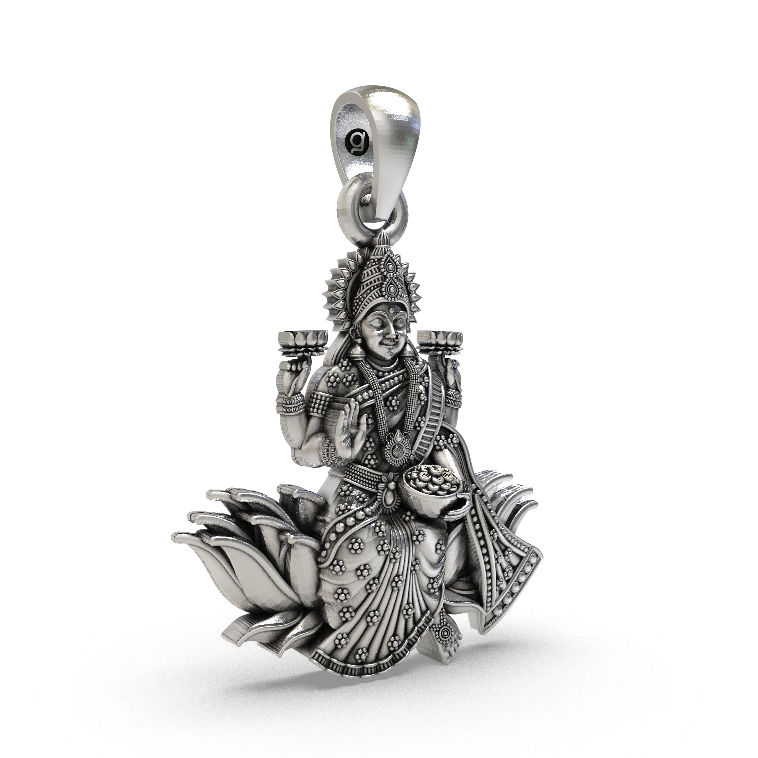 Lakshmi Maa Lotus Pendant in 925 Sterling Silver | Goddess of Wealth & Prosperity | Handmade Hindu Spiritual Jewelry