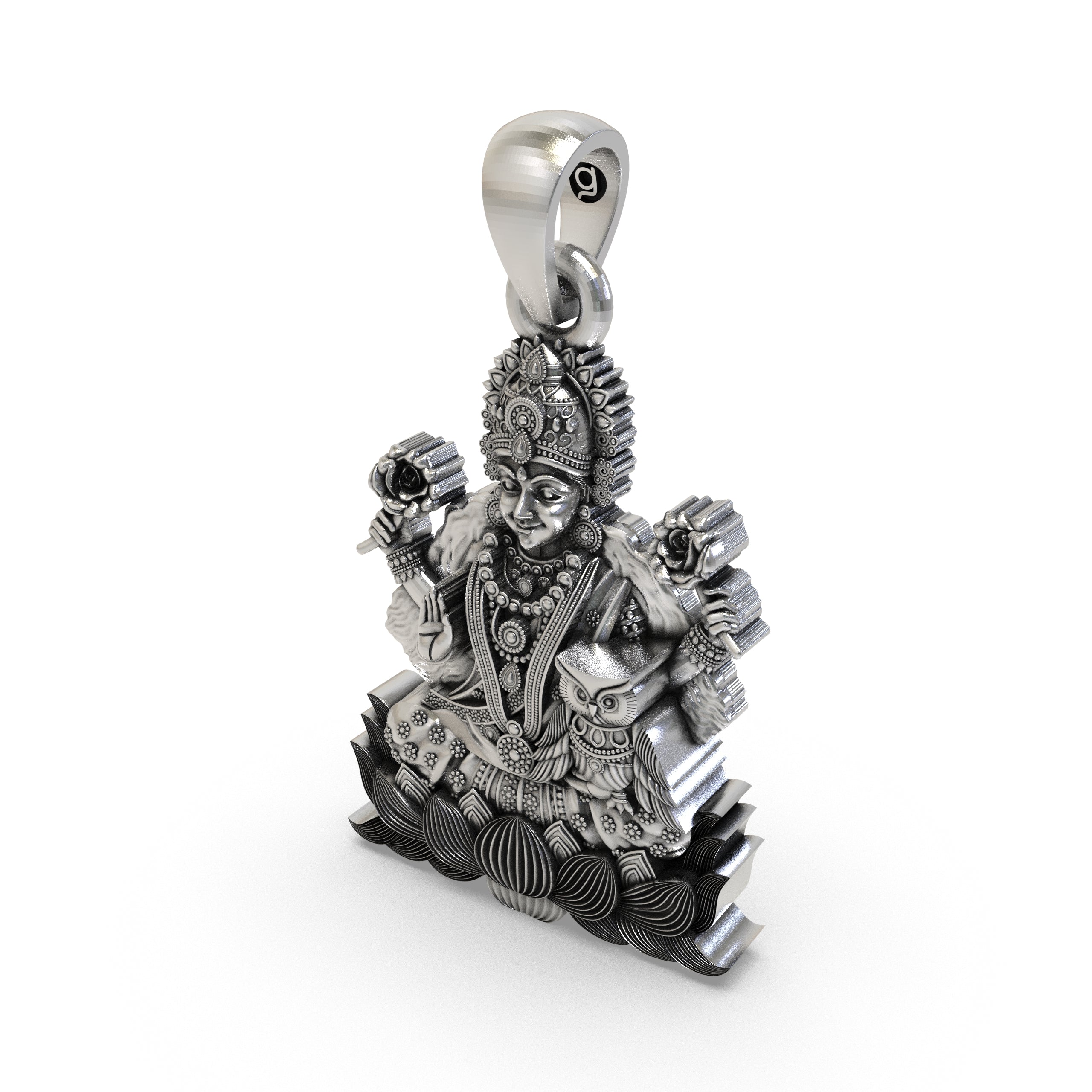 Lakshmi Maa with Owl Pendant in 925 Sterling Silver | Goddess of Wealth & Prosperity | Handmade Hindu Spiritual Jewelry