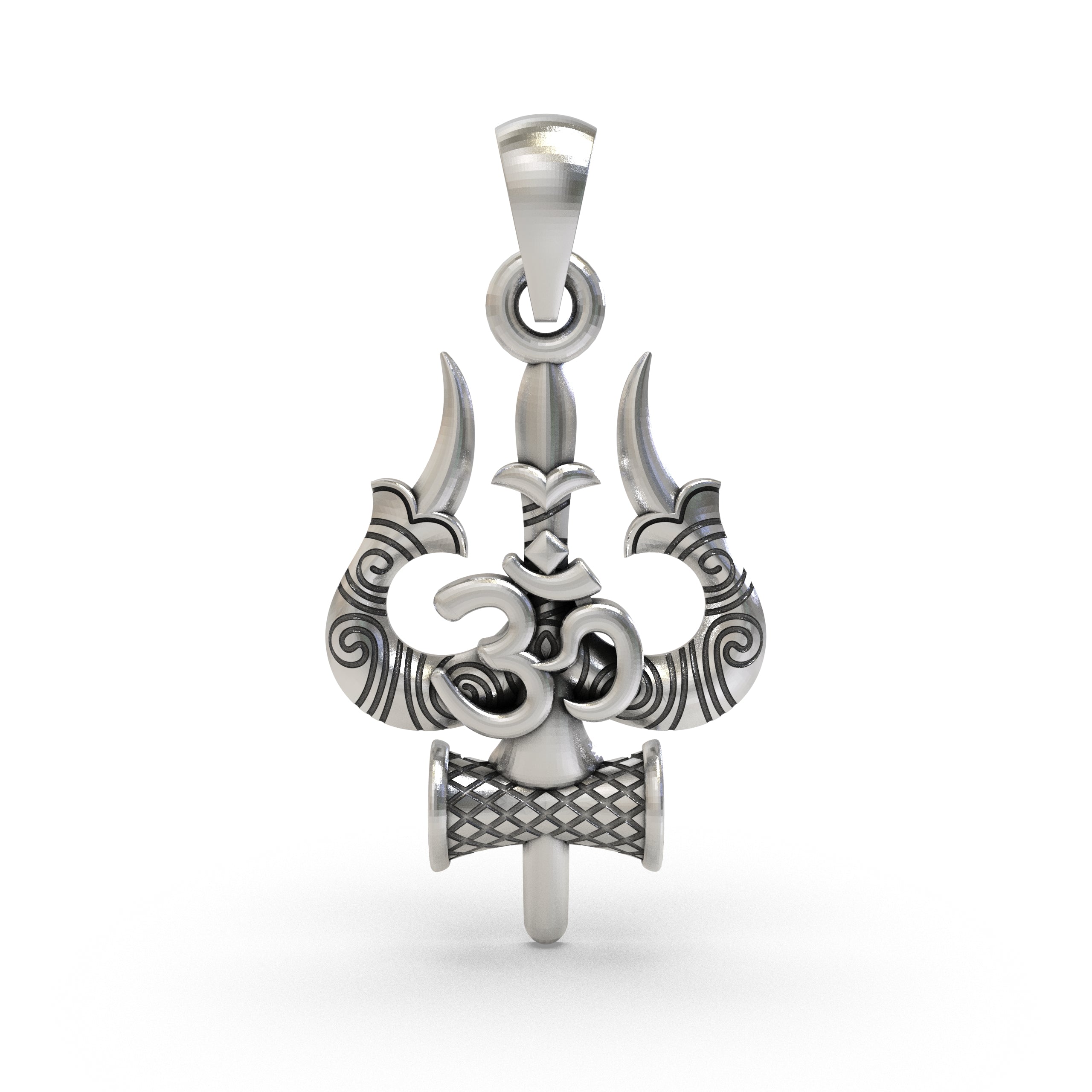 925 Sterling Silver Trishul Om Pendant — Shiva Damru Symbol, Handmade Temple Jewellery