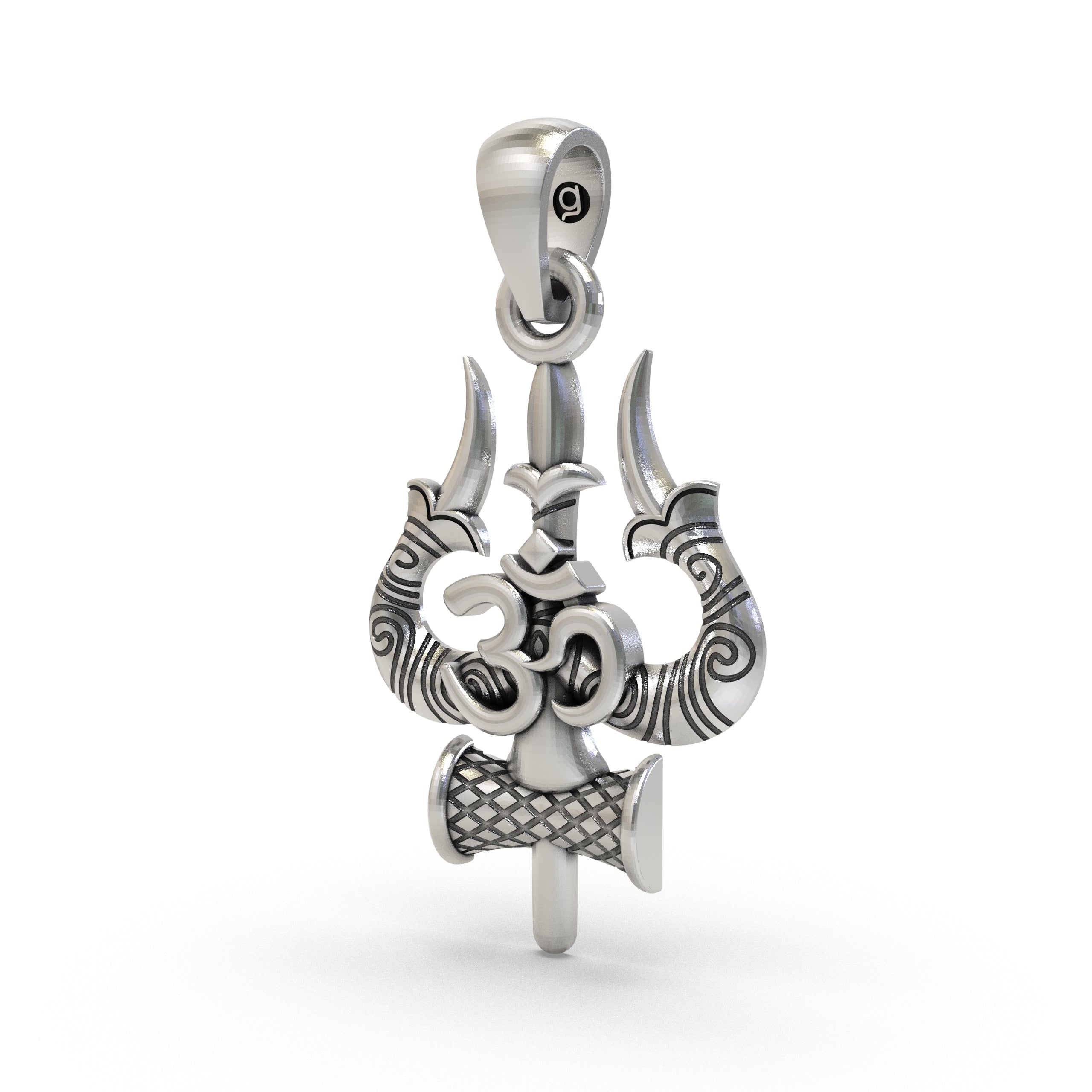 925 Sterling Silver Trishul Om Pendant — Shiva Damru Symbol, Handmade Temple Jewellery