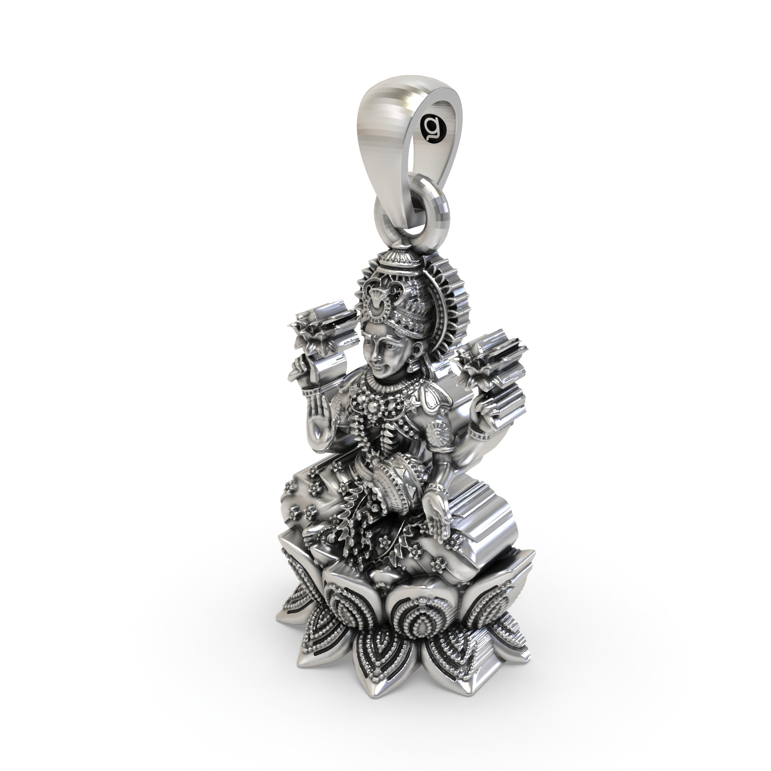 925 Sterling Silver Lakshmi Pendant — Goddess Mahalakshmi on Lotus with Kalash & Flowers, Handmade Temple Jewellery