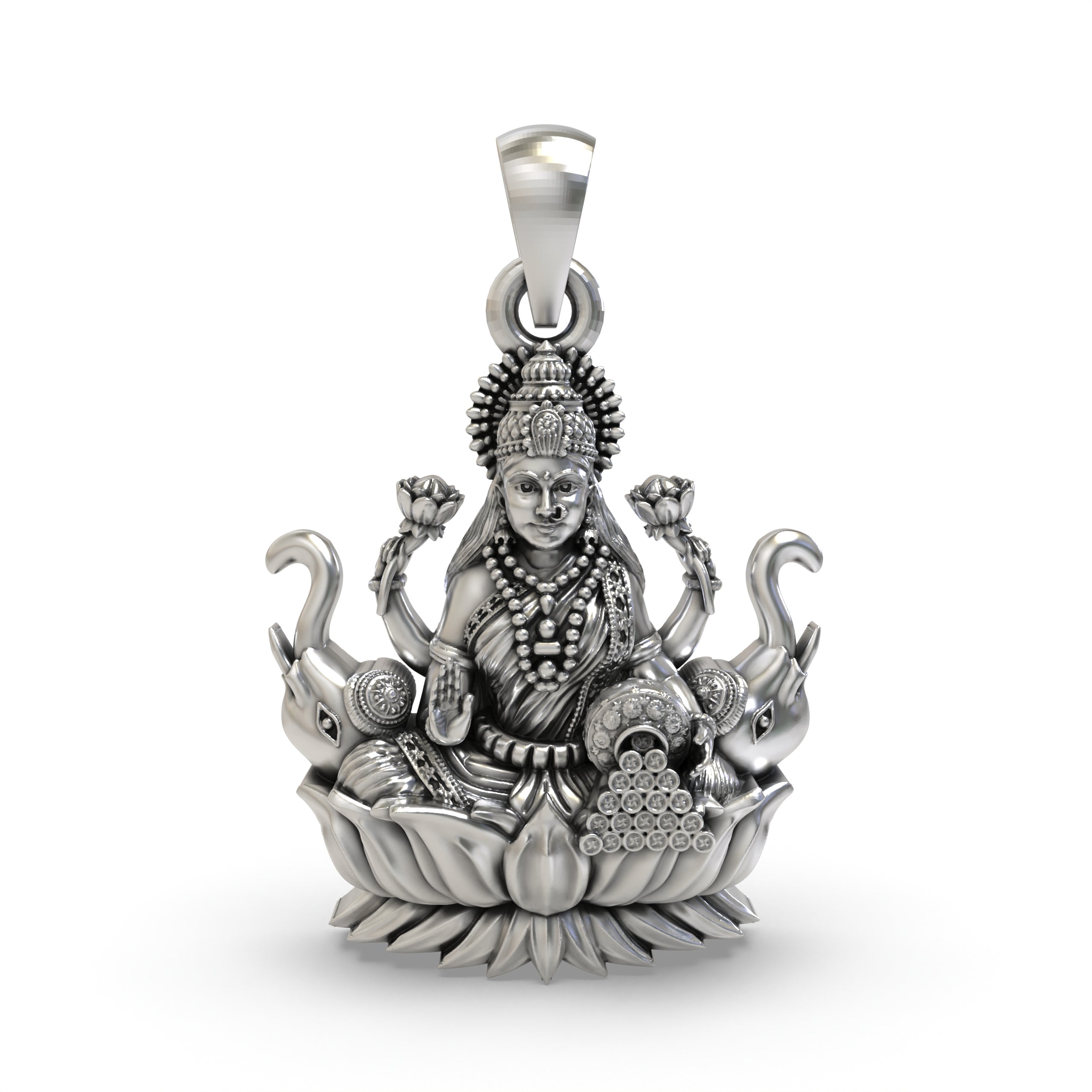 925 Sterling Silver Lakshmi Pendant — Goddess Mahalakshmi on Lotus with Elephants & Coins, Handmade Temple Jewellery