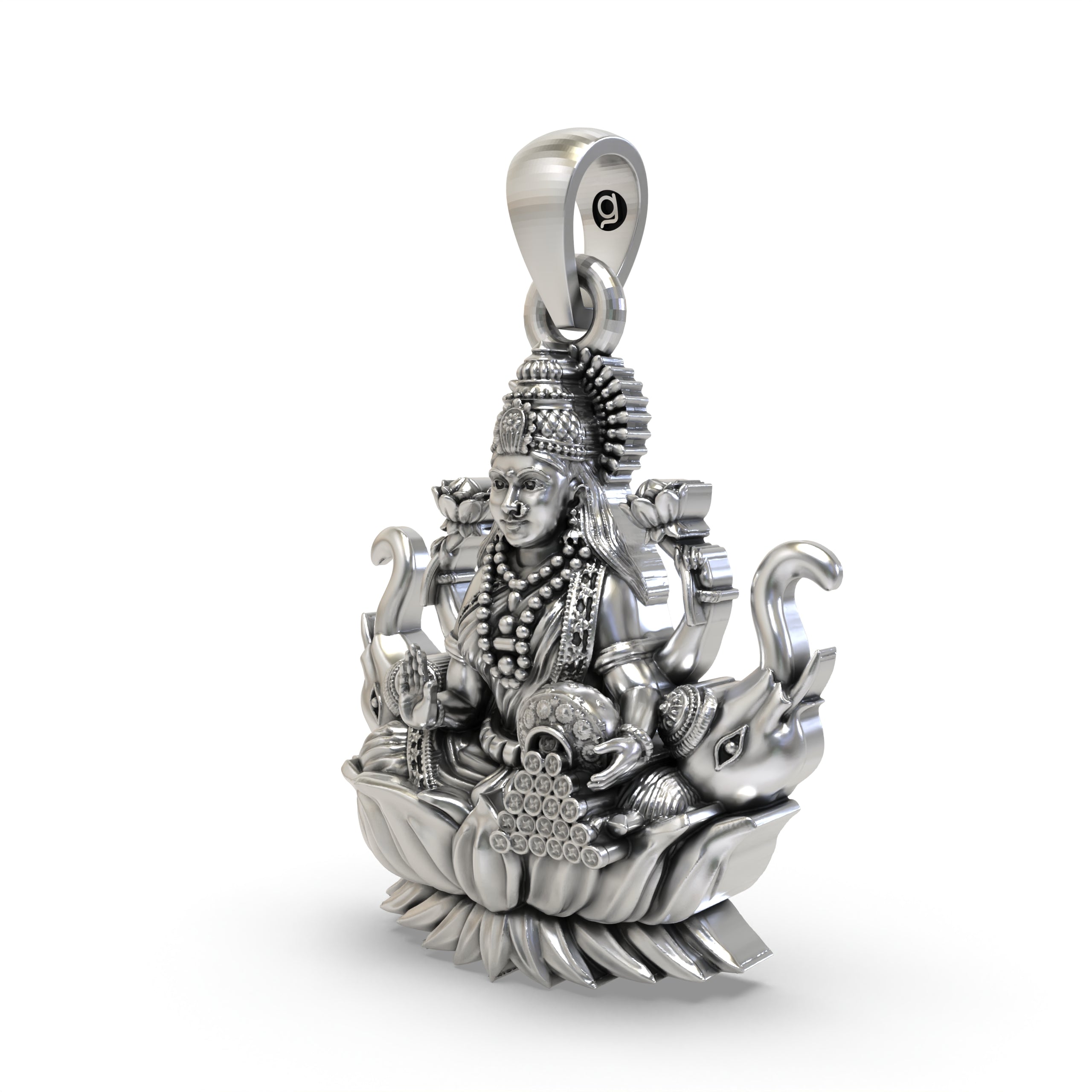 925 Sterling Silver Lakshmi Pendant — Goddess Mahalakshmi on Lotus with Elephants & Coins, Handmade Temple Jewellery