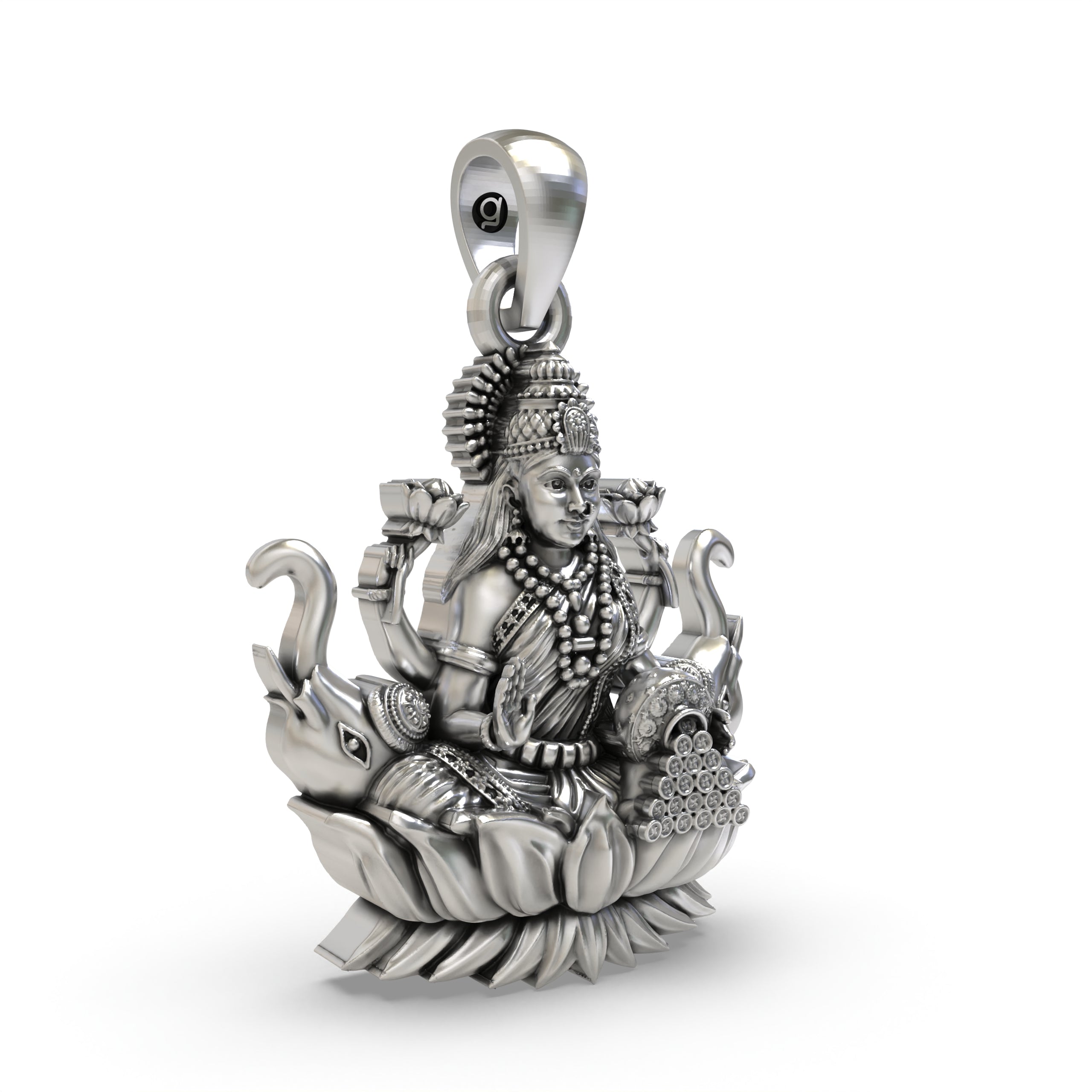 925 Sterling Silver Lakshmi Pendant — Goddess Mahalakshmi on Lotus with Elephants & Coins, Handmade Temple Jewellery