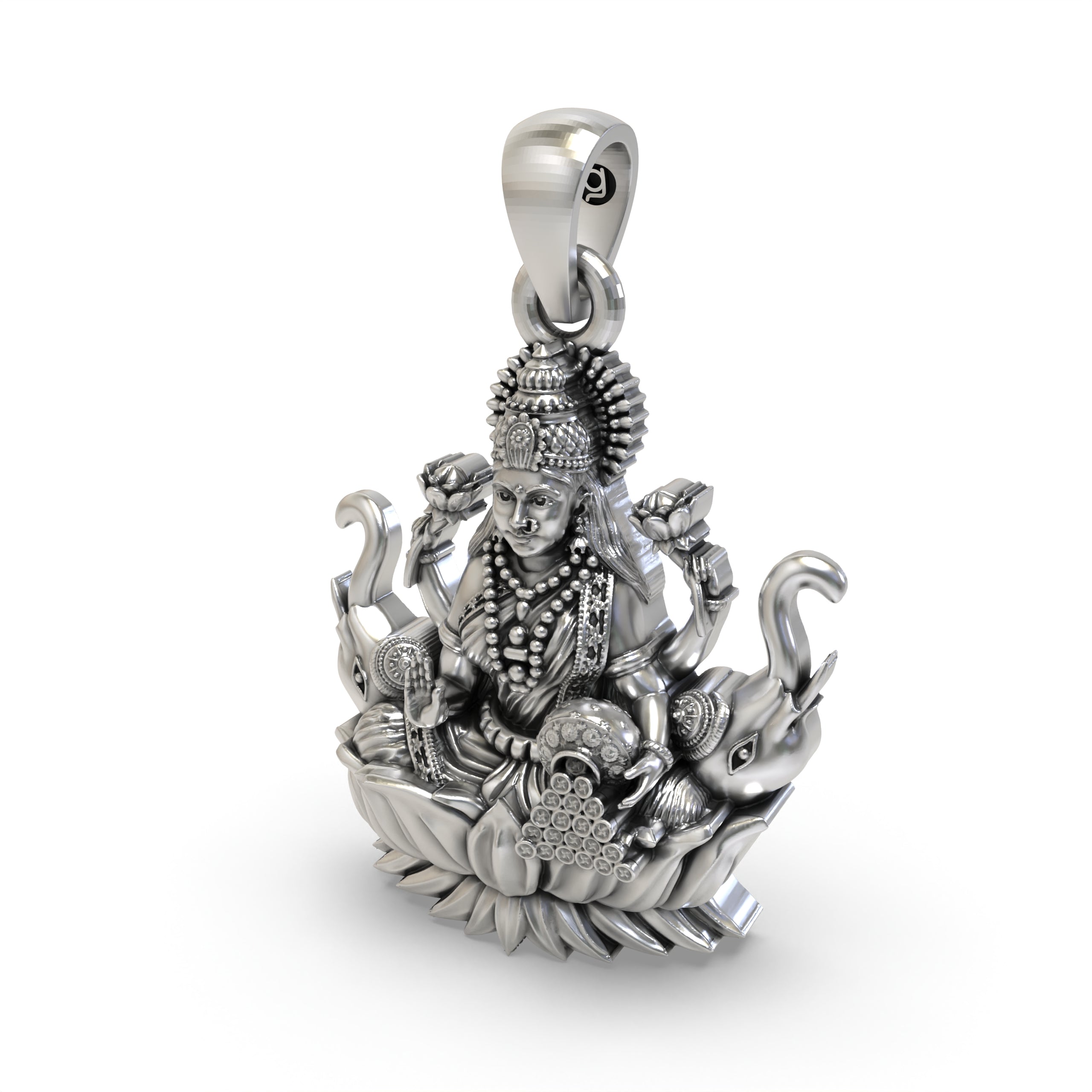 925 Sterling Silver Lakshmi Pendant — Goddess Mahalakshmi on Lotus with Elephants & Coins, Handmade Temple Jewellery