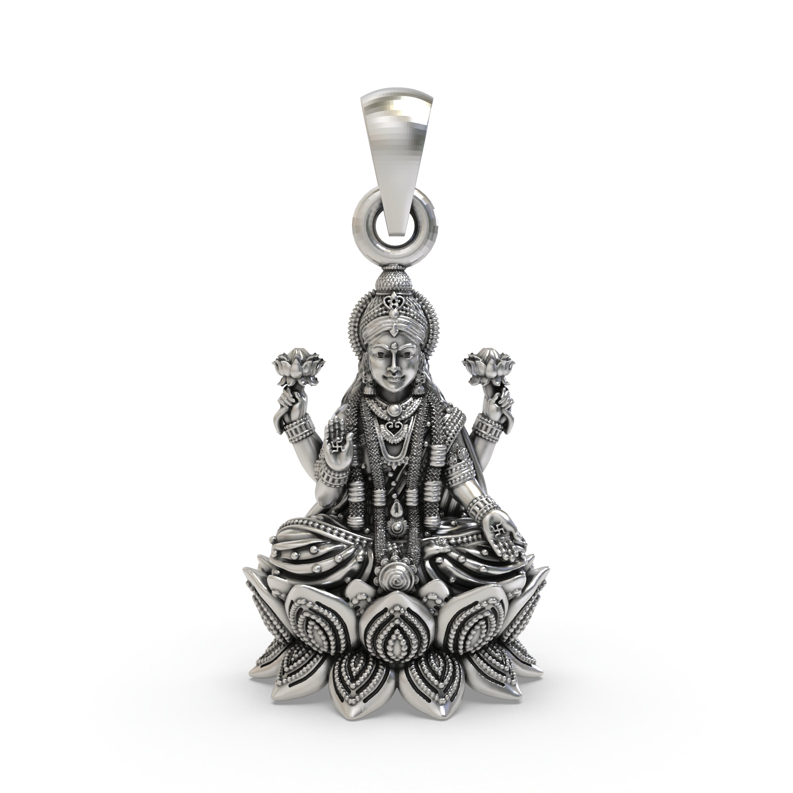 925 Sterling Silver Lakshmi Pendant — Goddess Mahalakshmi on Lotus with Blessing Mudra & Flowers, Handmade Temple Jewellery