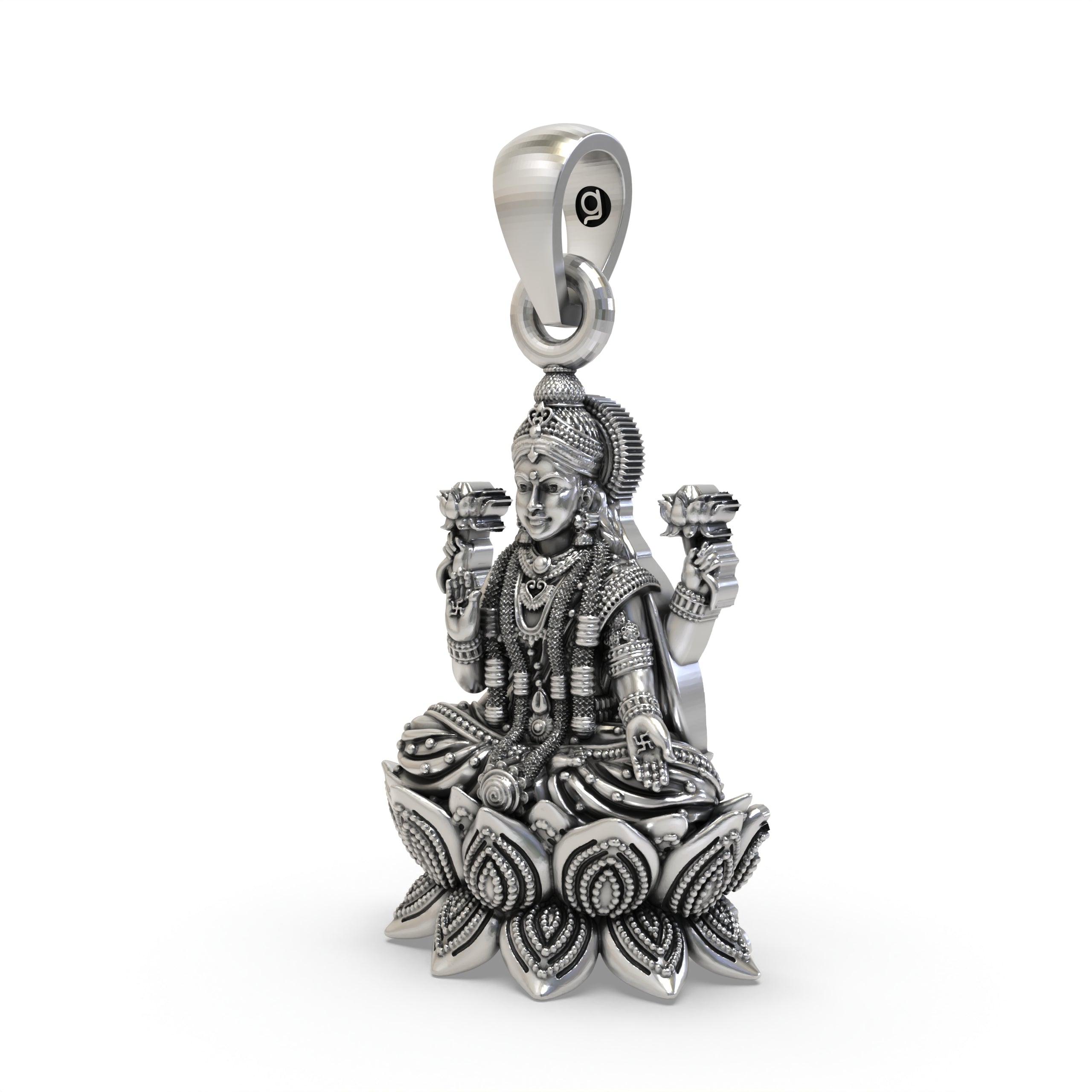 925 Sterling Silver Lakshmi Pendant — Goddess Mahalakshmi on Lotus with Blessing Mudra & Flowers, Handmade Temple Jewellery