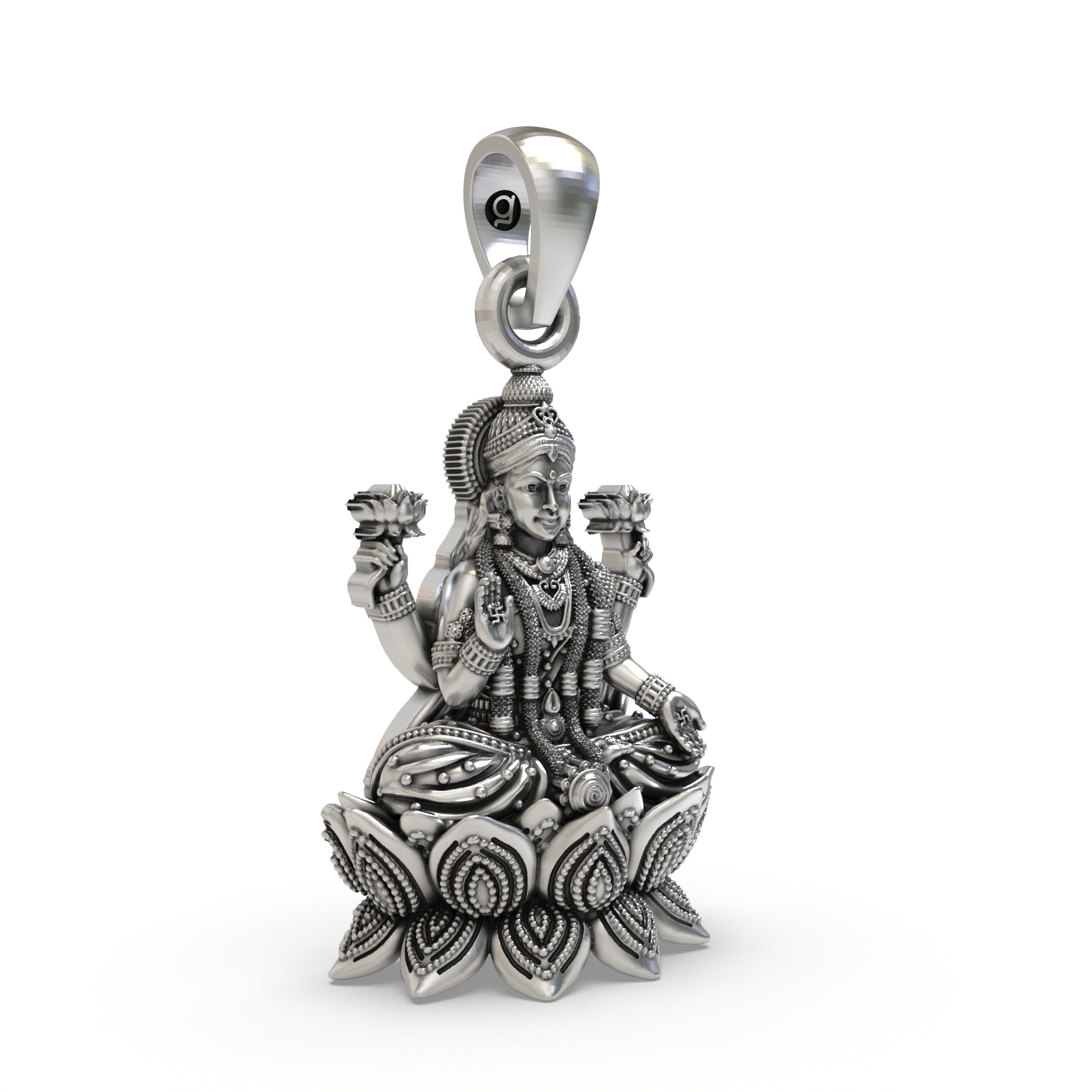 925 Sterling Silver Lakshmi Pendant — Goddess Mahalakshmi on Lotus with Blessing Mudra & Flowers, Handmade Temple Jewellery