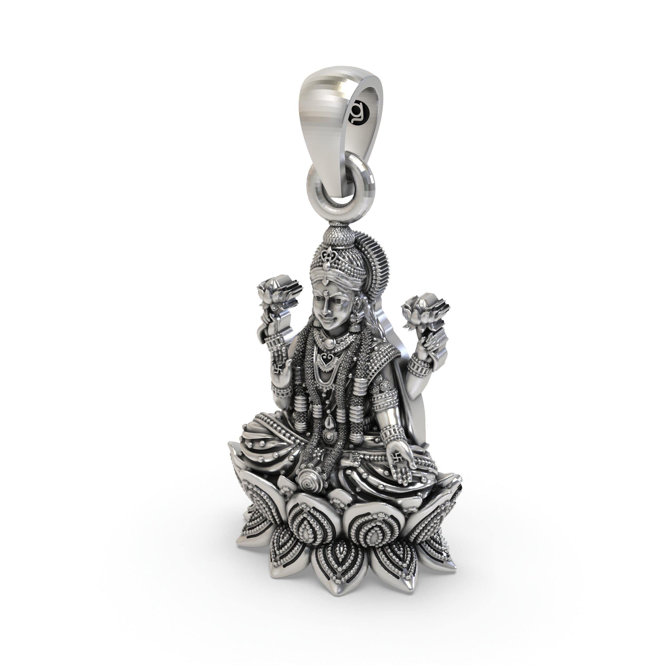 925 Sterling Silver Lakshmi Pendant — Goddess Mahalakshmi on Lotus with Blessing Mudra & Flowers, Handmade Temple Jewellery