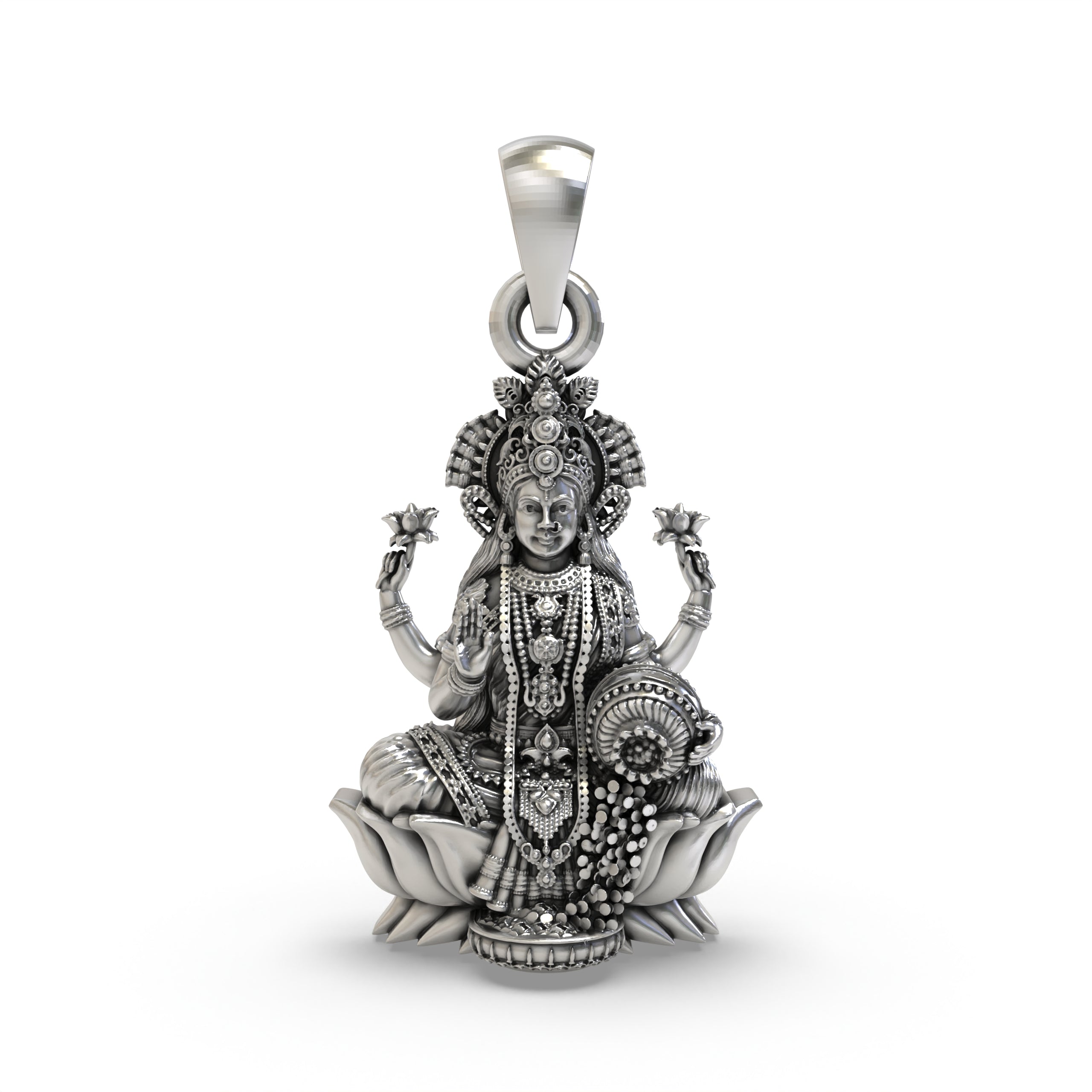 925 Sterling Silver Lakshmi Pendant — Goddess Mahalakshmi on Lotus with Blessing Mudra & Coin Pot, Handmade Temple Jewellery