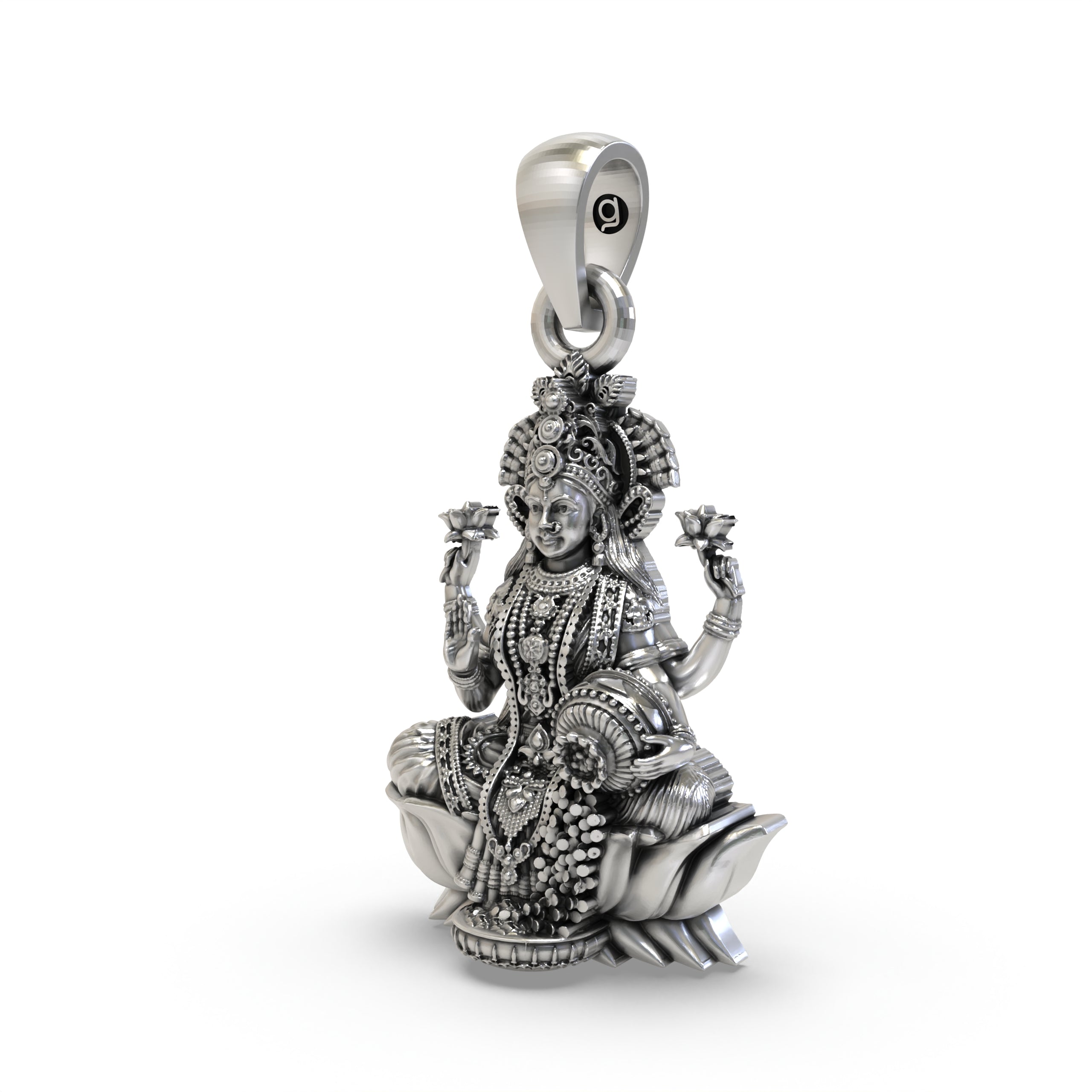 925 Sterling Silver Lakshmi Pendant — Goddess Mahalakshmi on Lotus with Blessing Mudra & Coin Pot, Handmade Temple Jewellery