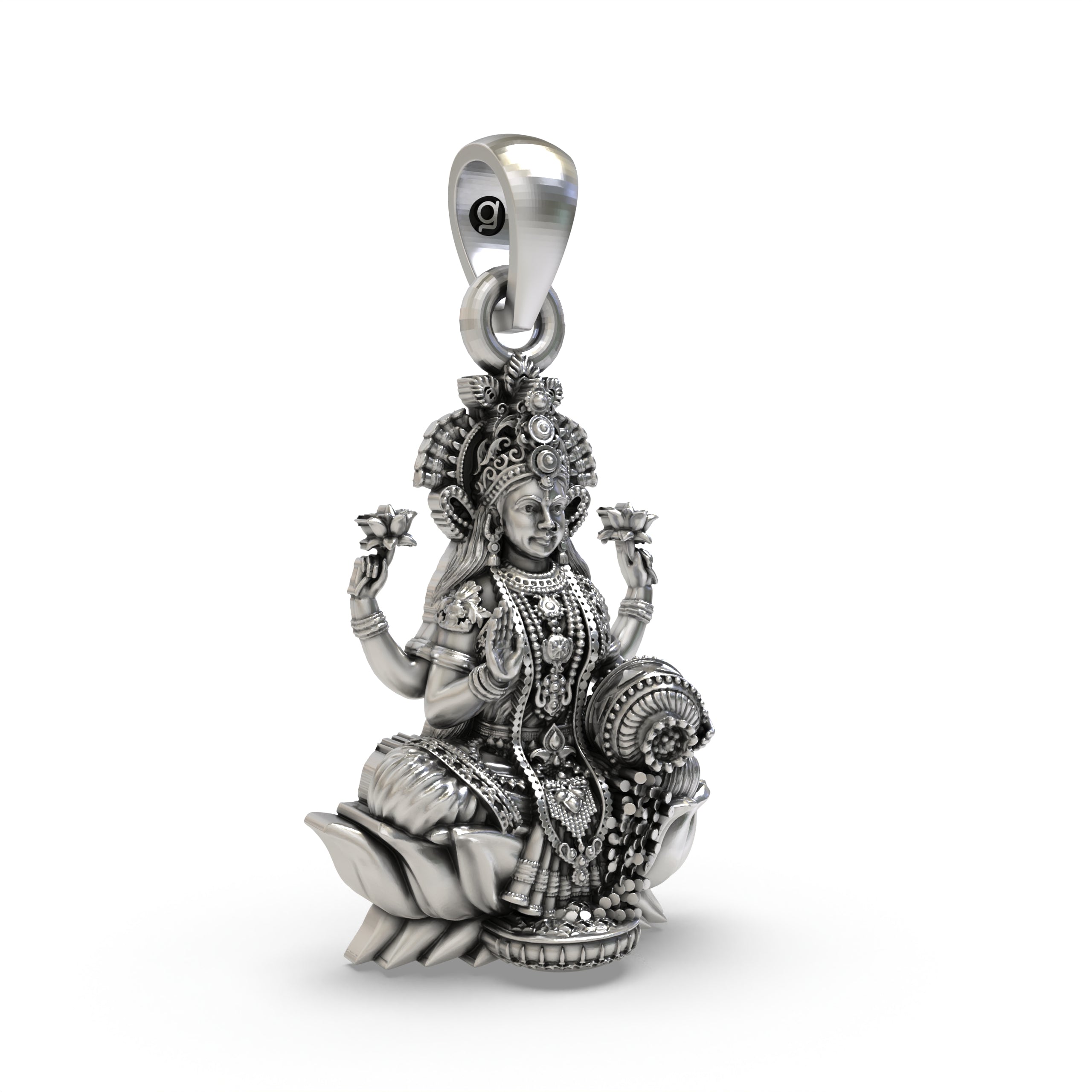 925 Sterling Silver Lakshmi Pendant — Goddess Mahalakshmi on Lotus with Blessing Mudra & Coin Pot, Handmade Temple Jewellery