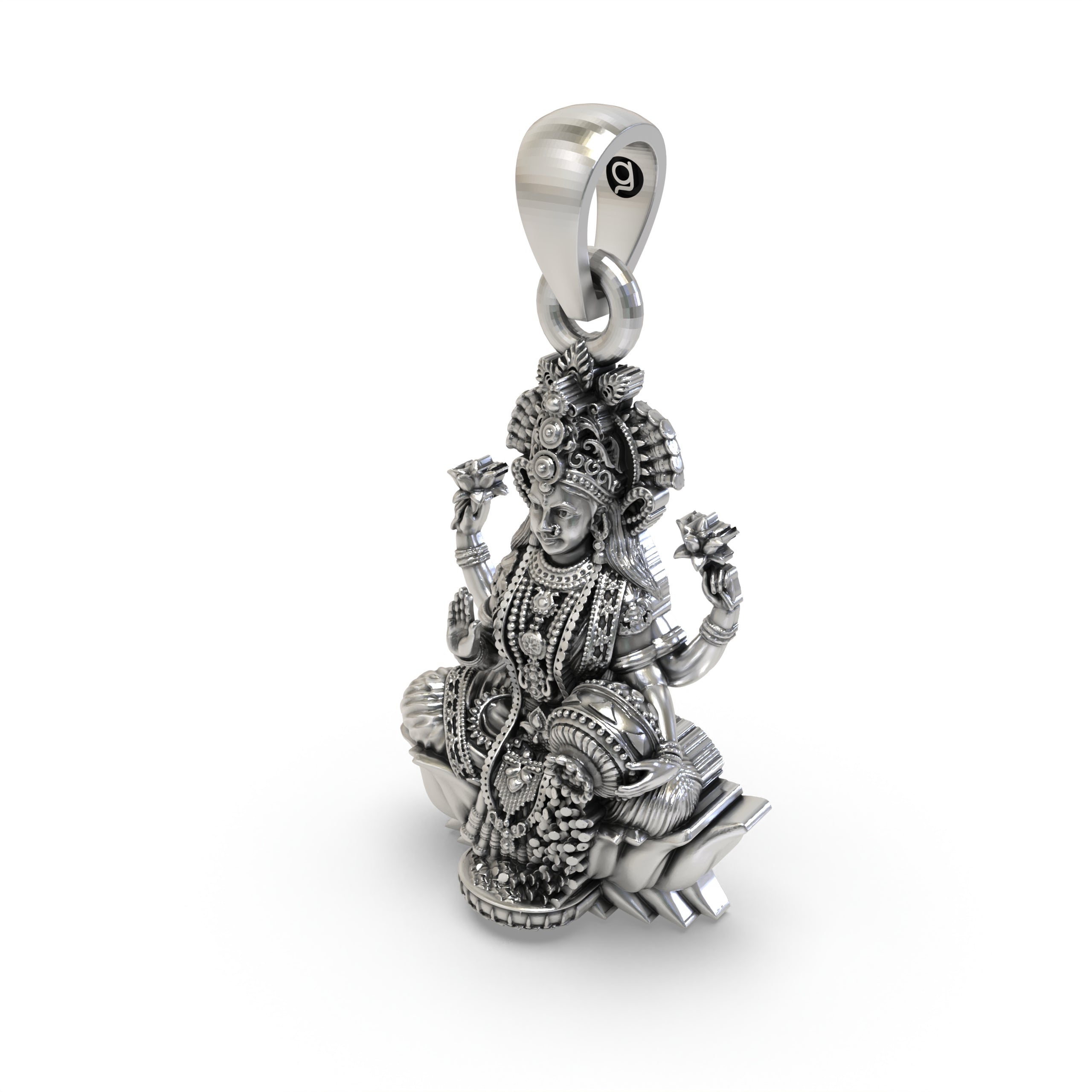 925 Sterling Silver Lakshmi Pendant — Goddess Mahalakshmi on Lotus with Blessing Mudra & Coin Pot, Handmade Temple Jewellery
