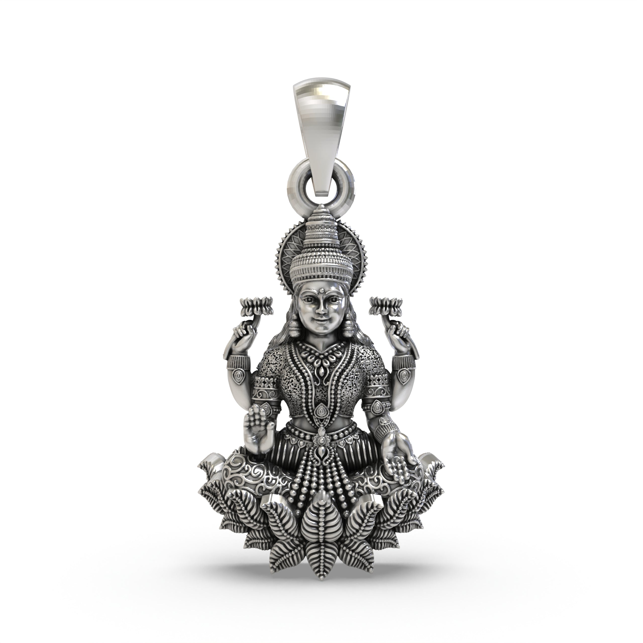 925 Sterling Silver Lakshmi Pendant — Goddess Mahalakshmi on Lotus with Blessings & Lotus Flowers, Handmade Temple Jewellery