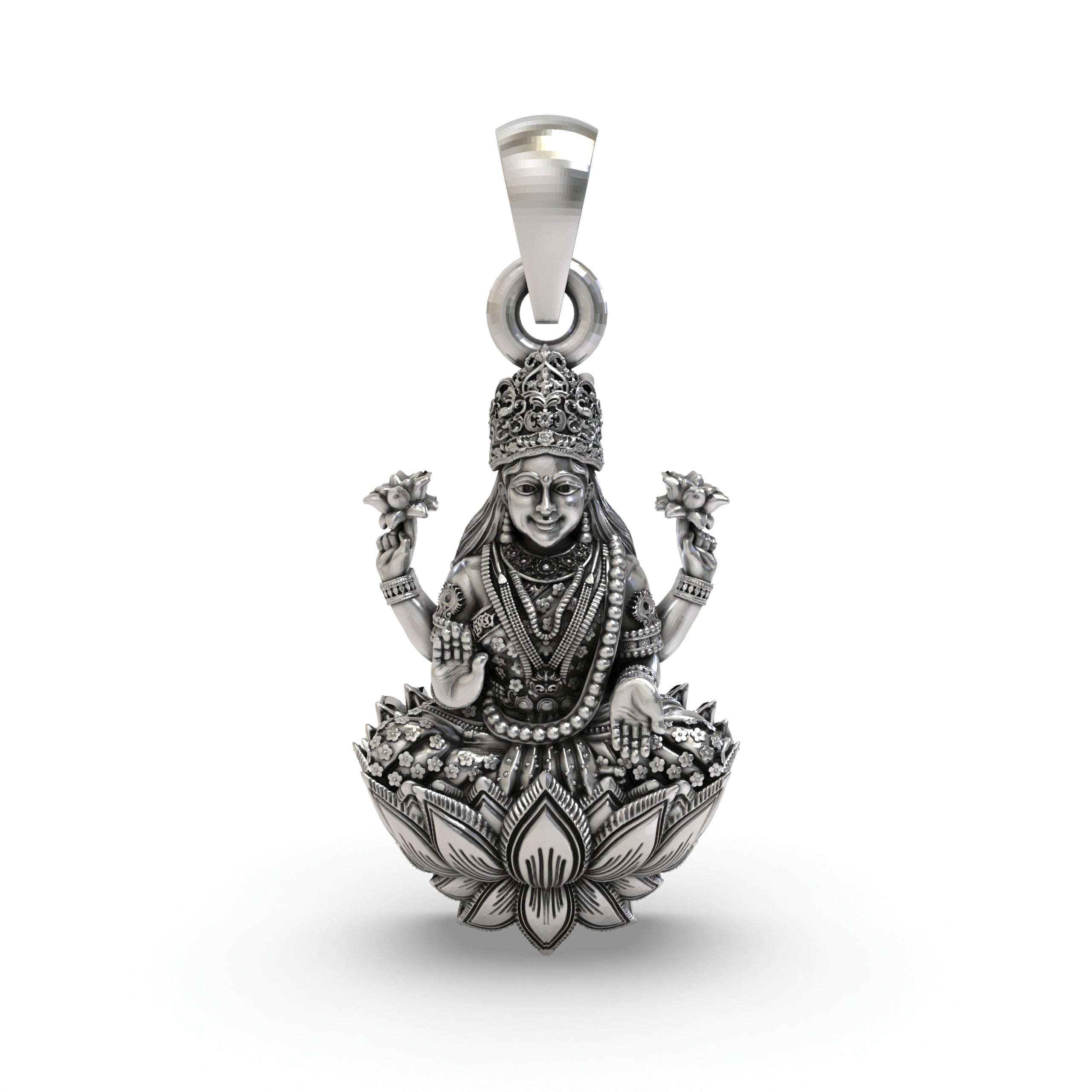 925 Sterling Silver Lakshmi Pendant — Goddess Mahalakshmi on Lotus with Blessing Mudra & Lotus Flowers, Handmade Temple Jewellery