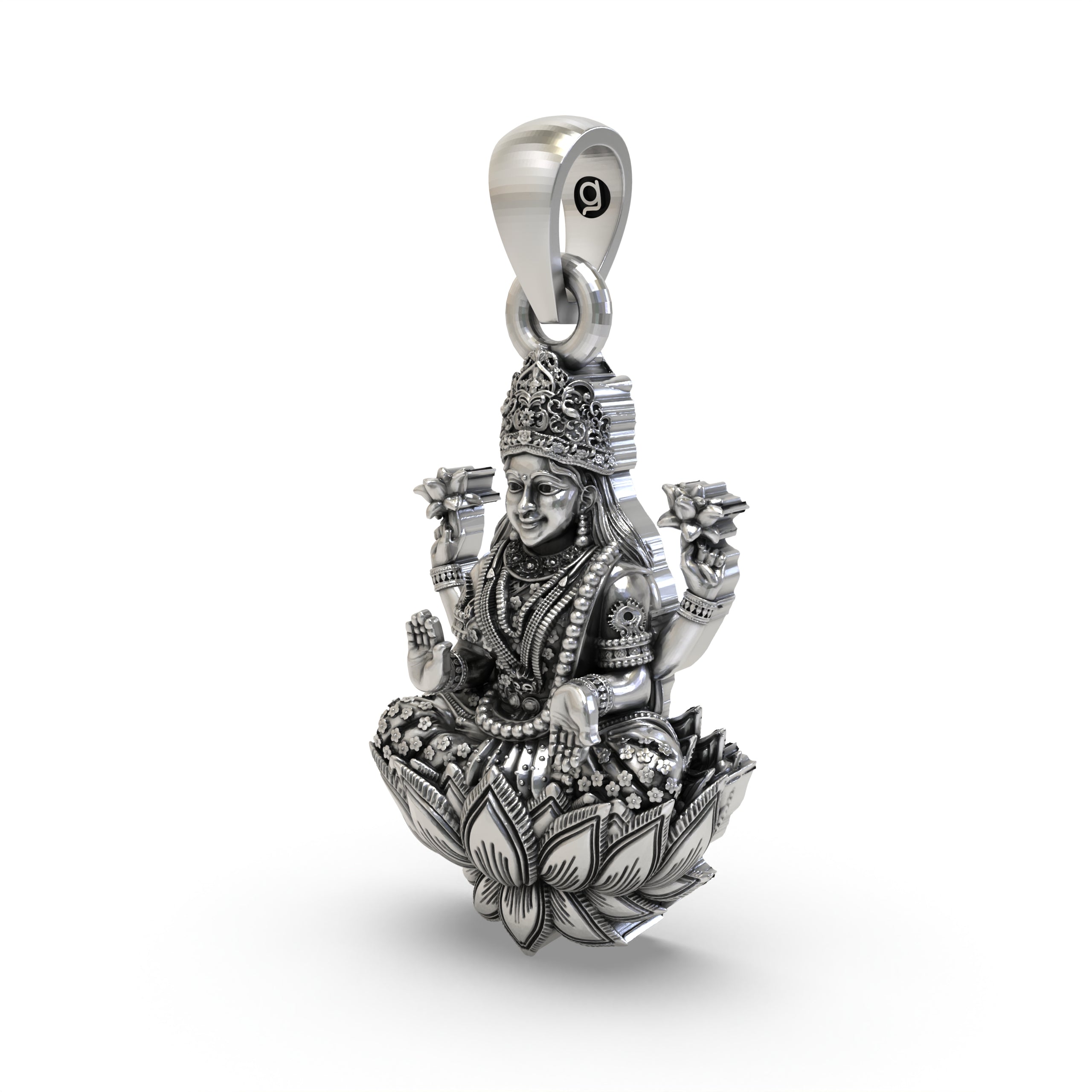 925 Sterling Silver Lakshmi Pendant — Goddess Mahalakshmi on Lotus with Blessing Mudra & Lotus Flowers, Handmade Temple Jewellery