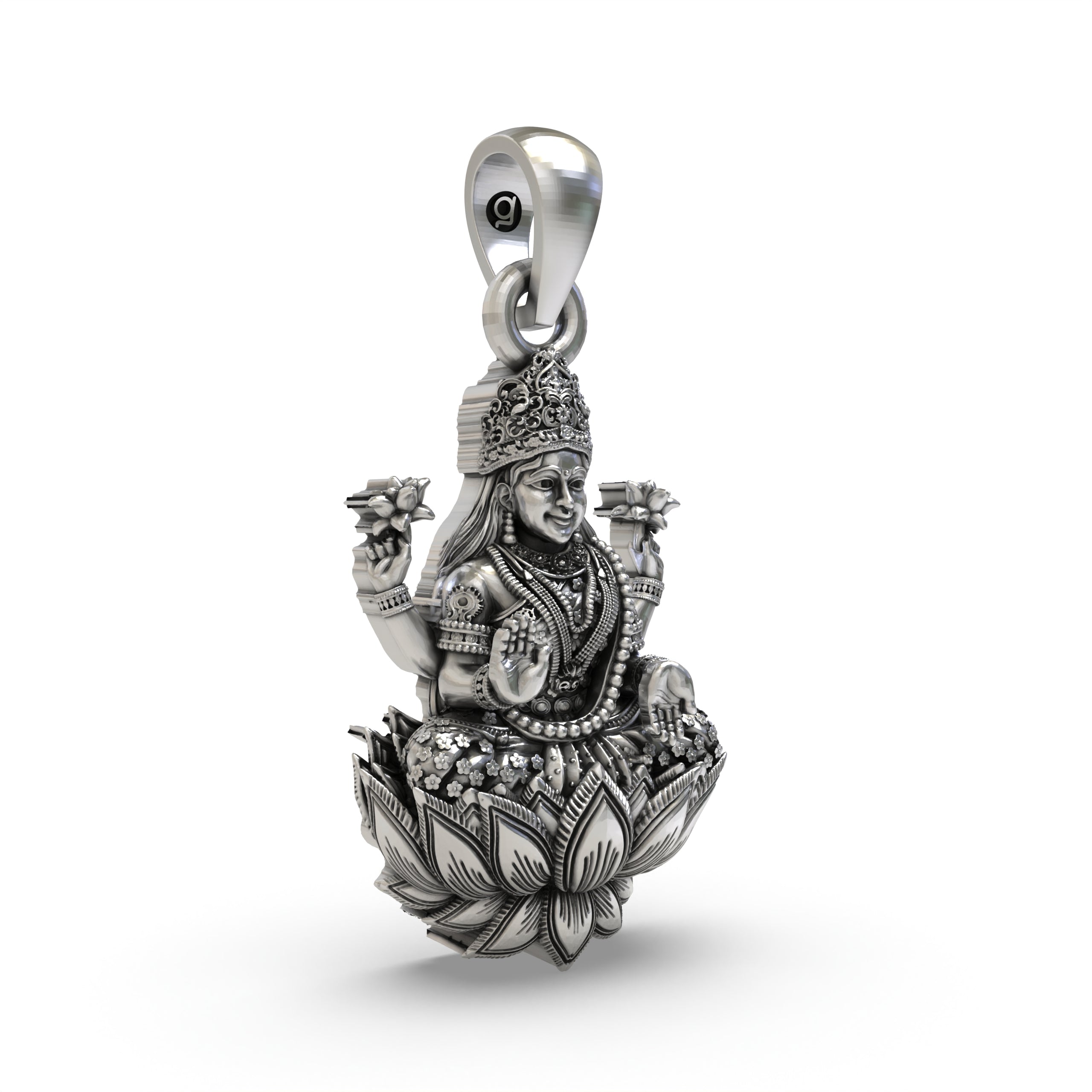 925 Sterling Silver Lakshmi Pendant — Goddess Mahalakshmi on Lotus with Blessing Mudra & Lotus Flowers, Handmade Temple Jewellery