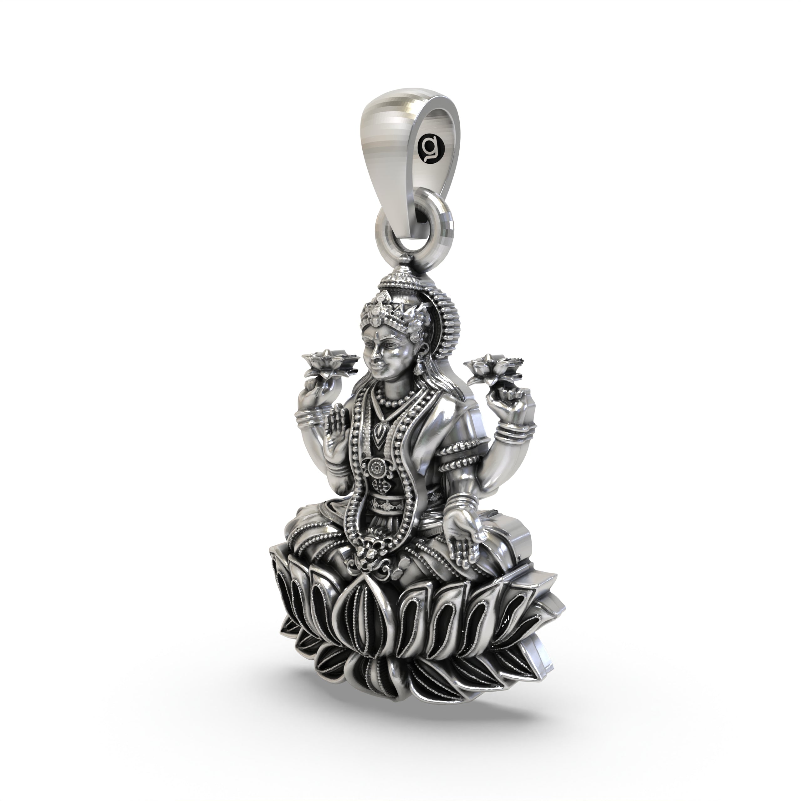 925 Sterling Silver Lakshmi Pendant — Goddess Mahalakshmi on Lotus with Blessing Mudra & Lotus Flowers, Handmade Temple Jewellery