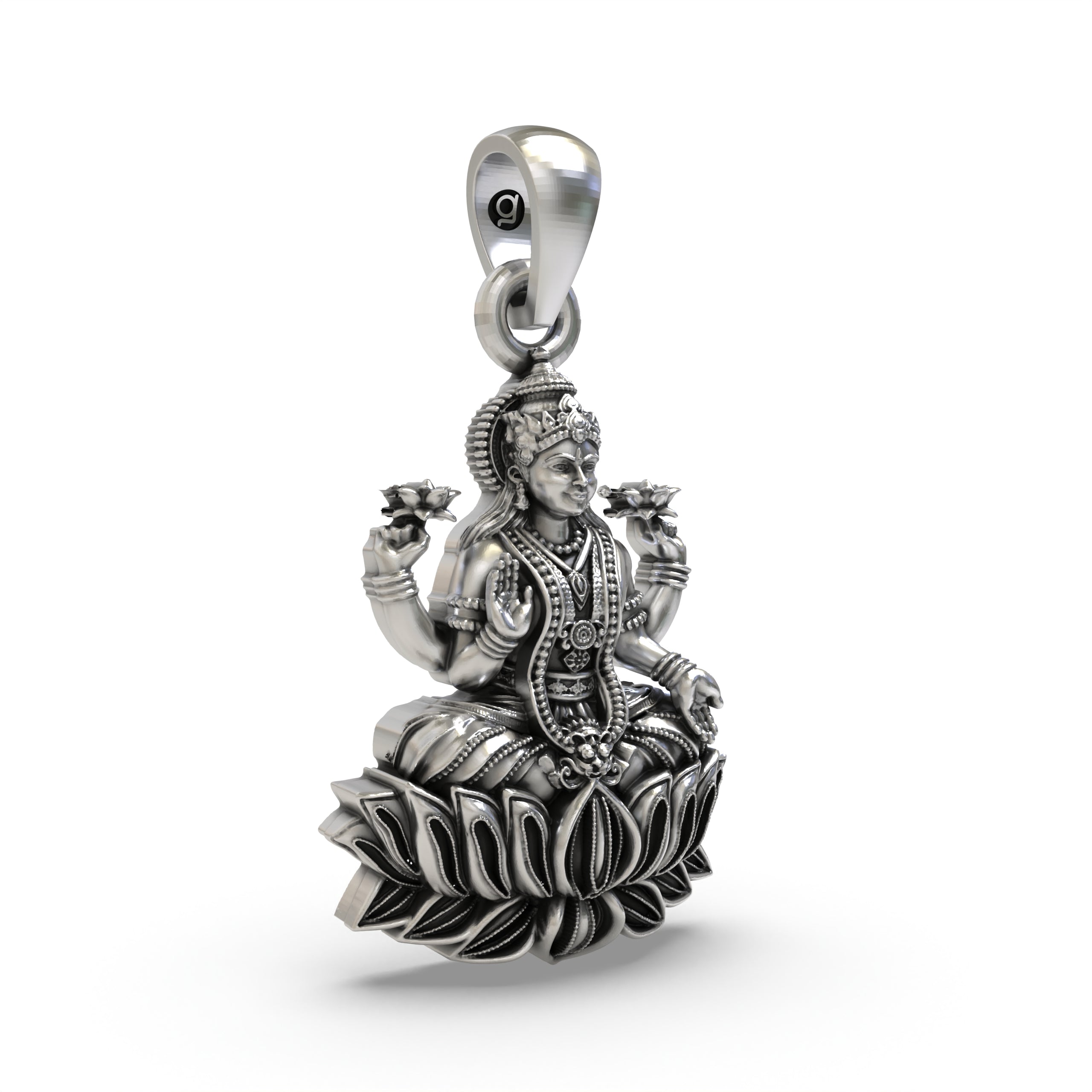 925 Sterling Silver Lakshmi Pendant — Goddess Mahalakshmi on Lotus with Blessing Mudra & Lotus Flowers, Handmade Temple Jewellery