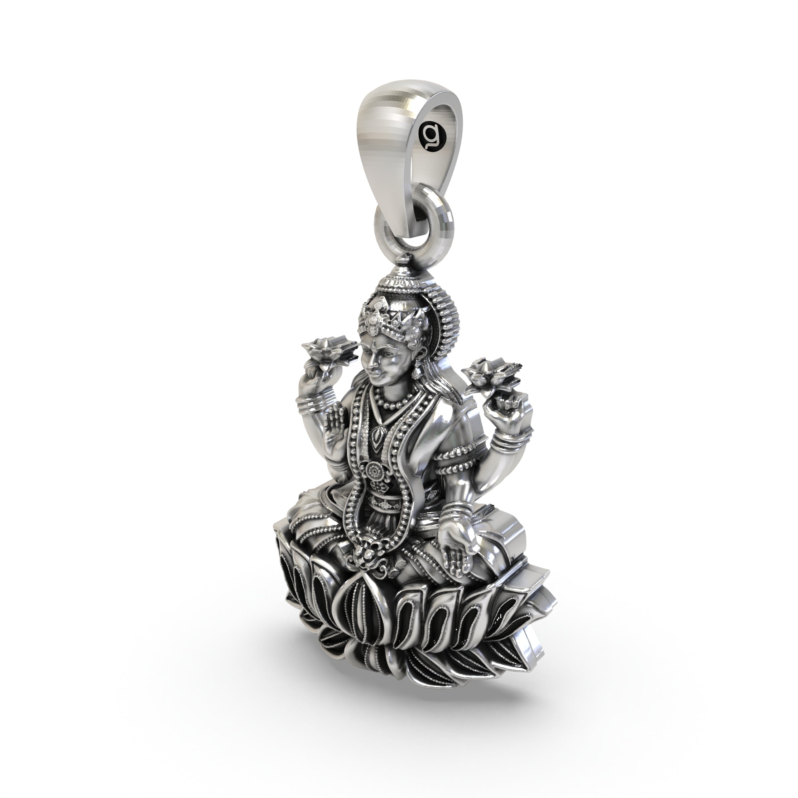 925 Sterling Silver Lakshmi Pendant — Goddess Mahalakshmi on Lotus with Blessing Mudra & Lotus Flowers, Handmade Temple Jewellery