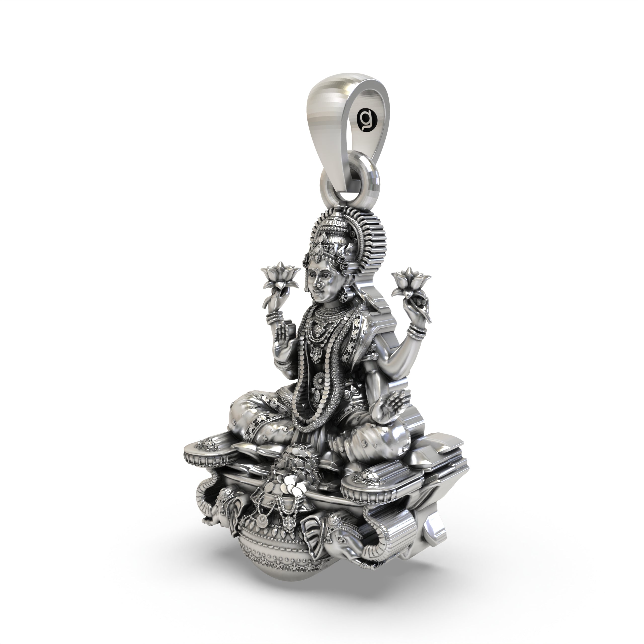925 Sterling Silver Gajalakshmi Pendant — Goddess Mahalakshmi on Lotus with Elephants & Kalash, Handmade Temple Jewellery