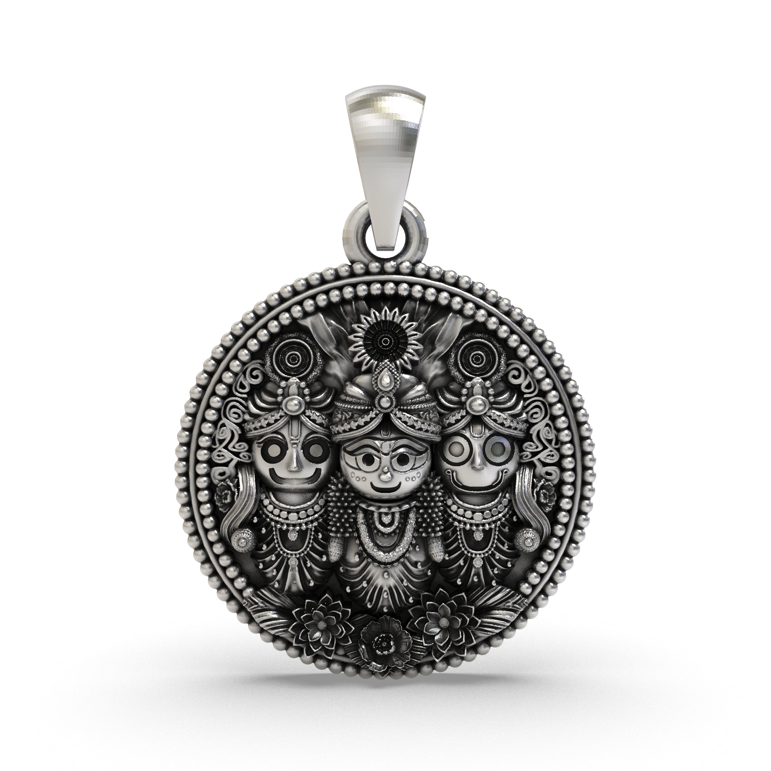925 Sterling Silver Jagannath Balabhadra Subhadra Pendant | Puri Jagannath Round Oxidized Medallion | Hindu Spiritual Necklace