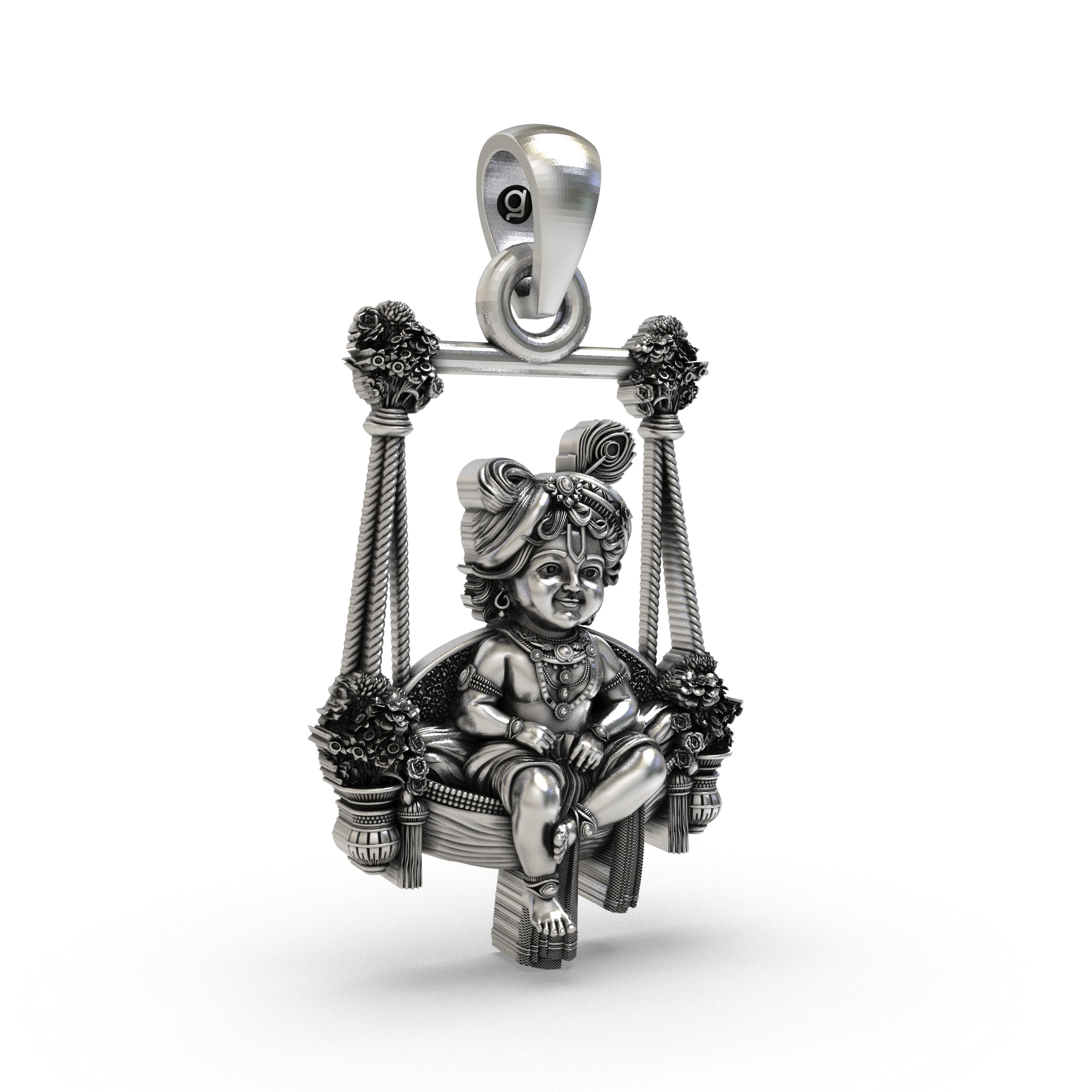 Sterling Silver Bal Gopal Swing Pendant – Baby Krishna on Jhula with Mor-Mukut, Handcrafted Antique Devotional Piece