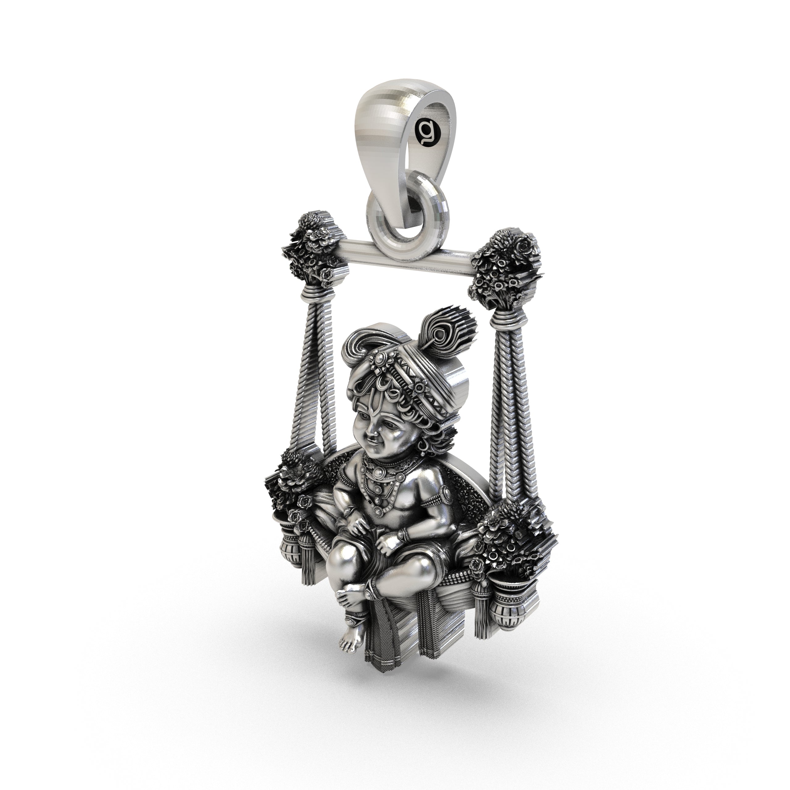 Sterling Silver Bal Gopal Swing Pendant – Baby Krishna on Jhula with Mor-Mukut, Handcrafted Antique Devotional Piece