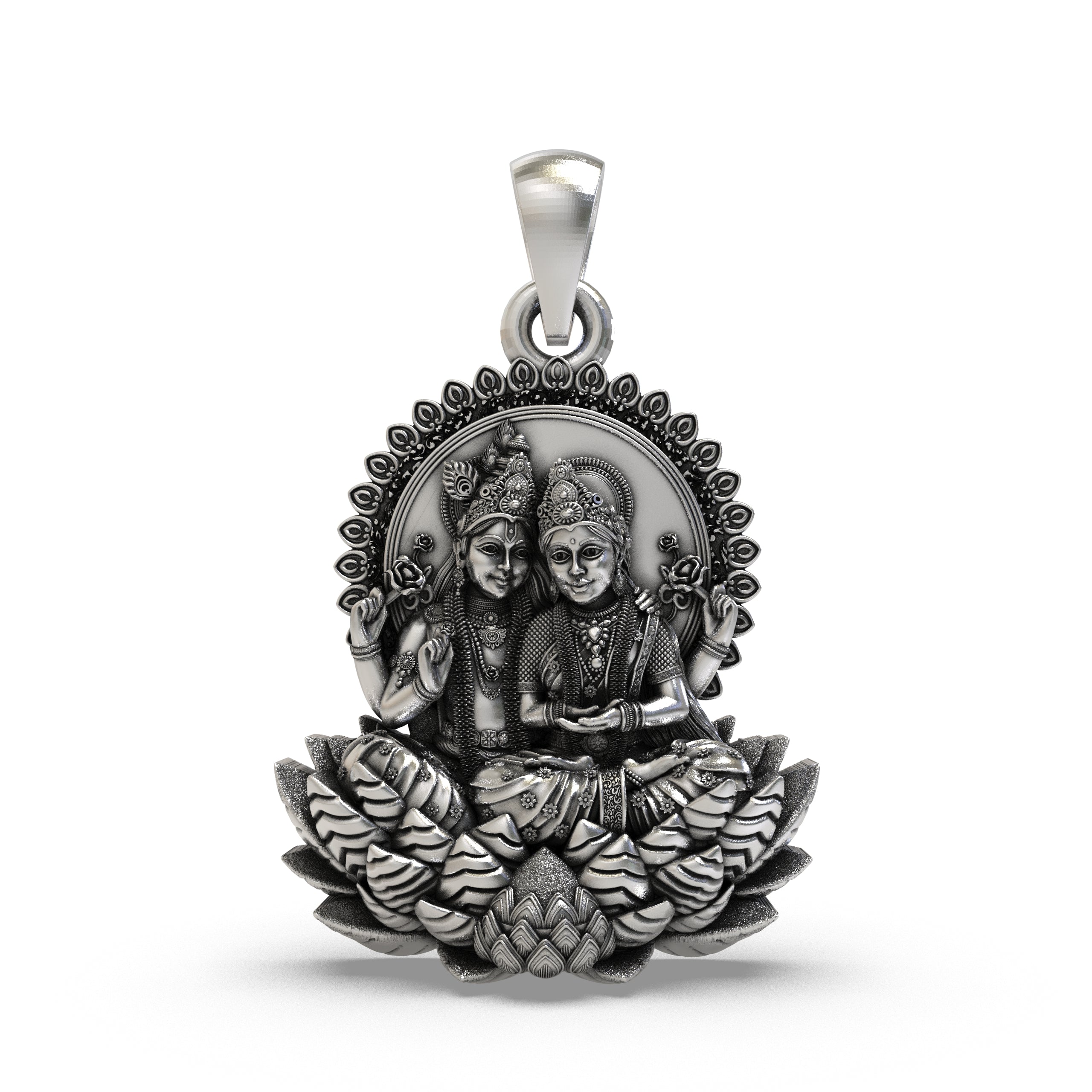 Lakshmi Narayan 925 Silver Pendant | Divine Couple on Lotus | Unisex Spiritual Jewellery | Hallmarked | Gift