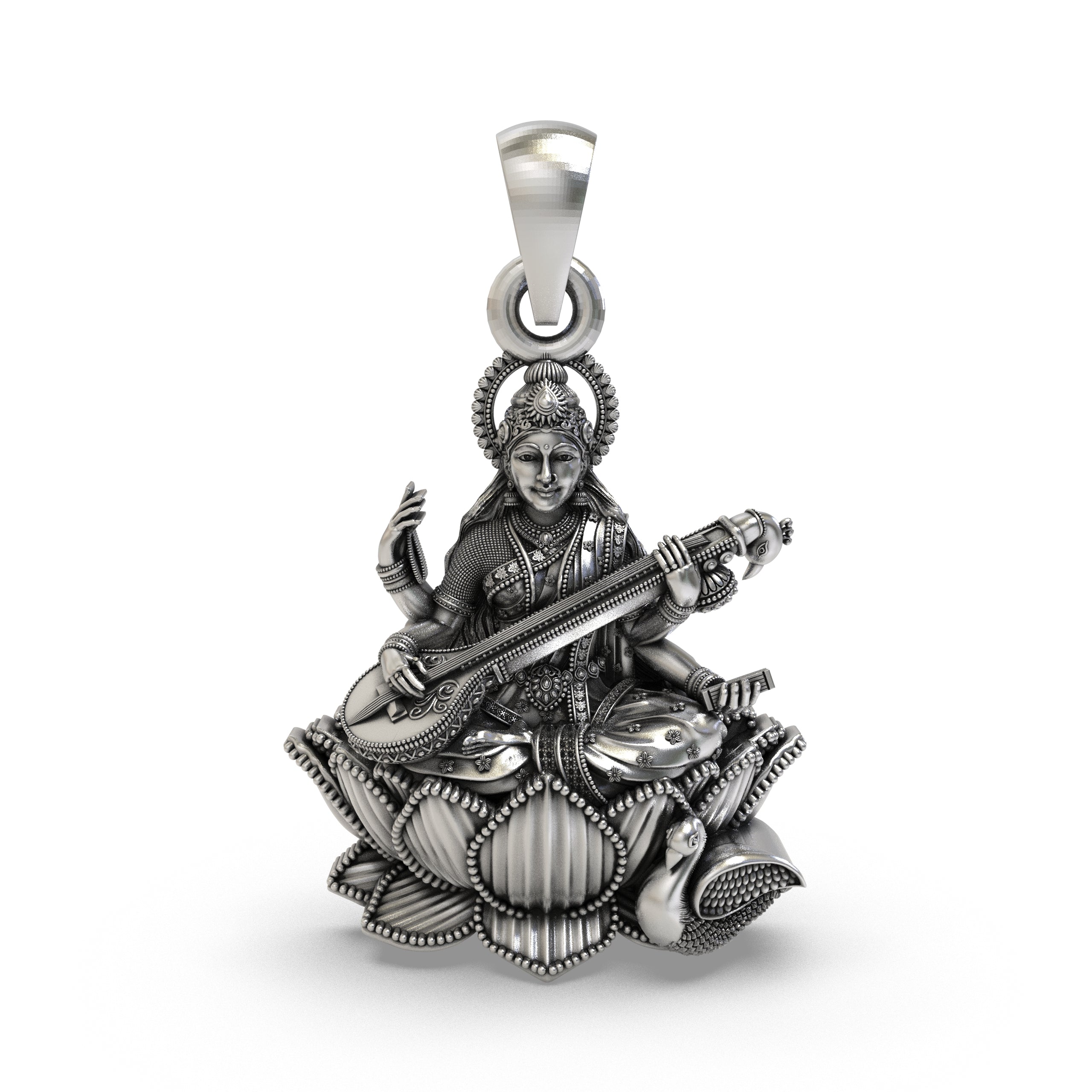 925 Sterling Silver Goddess Saraswati Pendant – Veena on Lotus with Swan Idol Necklace, Handcrafted Devotional Hindu Jewelry Gift