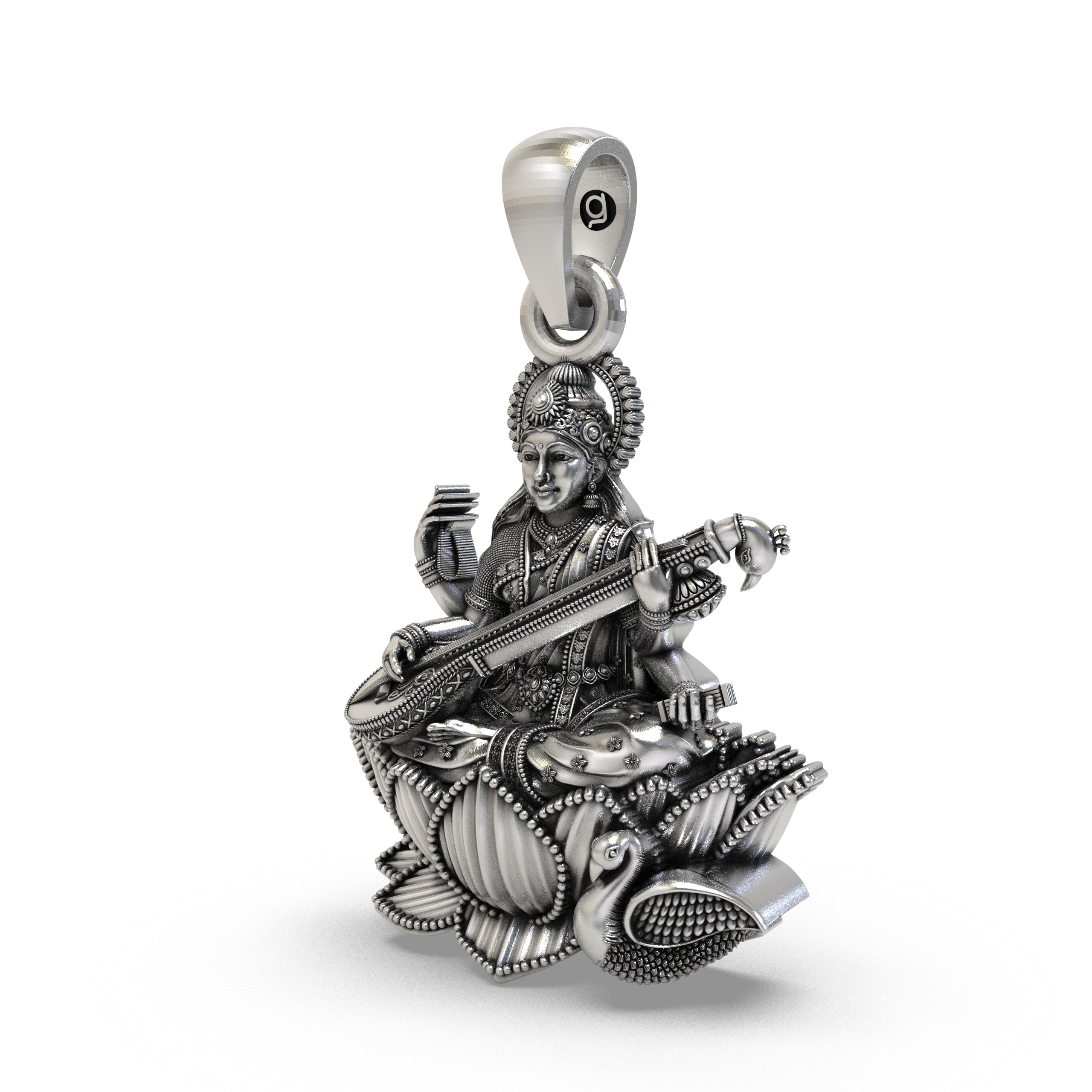 925 Sterling Silver Goddess Saraswati Pendant – Veena on Lotus with Swan Idol Necklace, Handcrafted Devotional Hindu Jewelry Gift