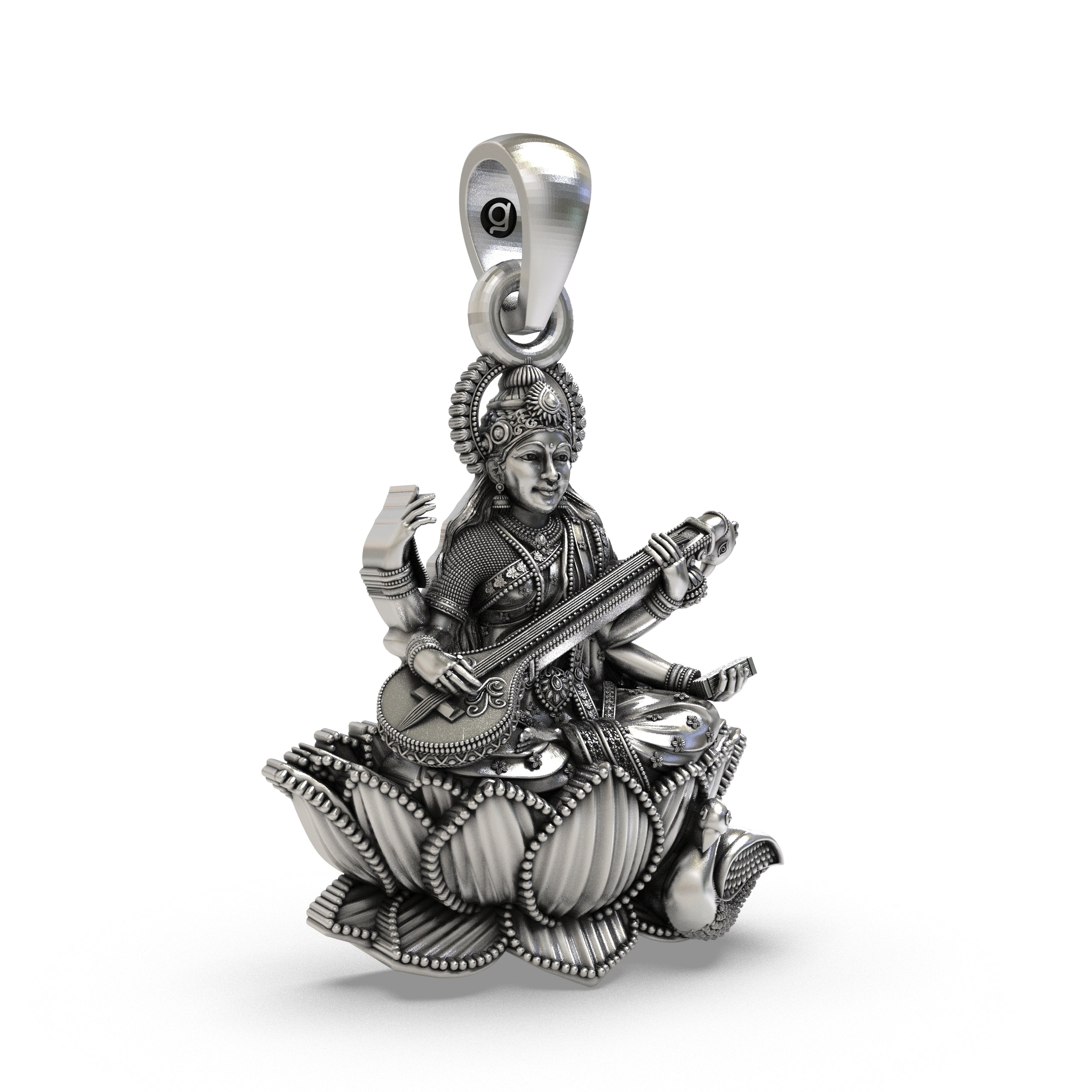 925 Sterling Silver Goddess Saraswati Pendant – Veena on Lotus with Swan Idol Necklace, Handcrafted Devotional Hindu Jewelry Gift