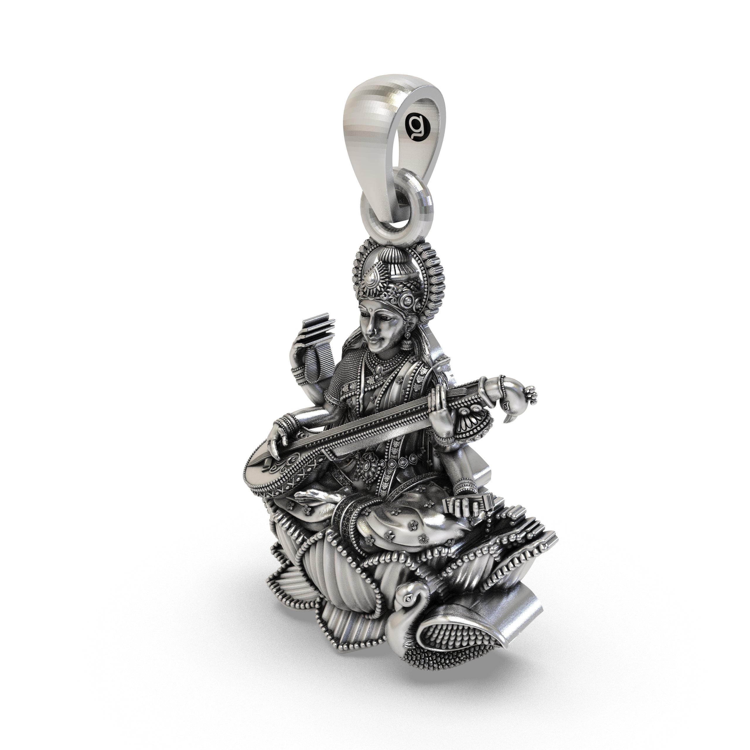 925 Sterling Silver Goddess Saraswati Pendant – Veena on Lotus with Swan Idol Necklace, Handcrafted Devotional Hindu Jewelry Gift