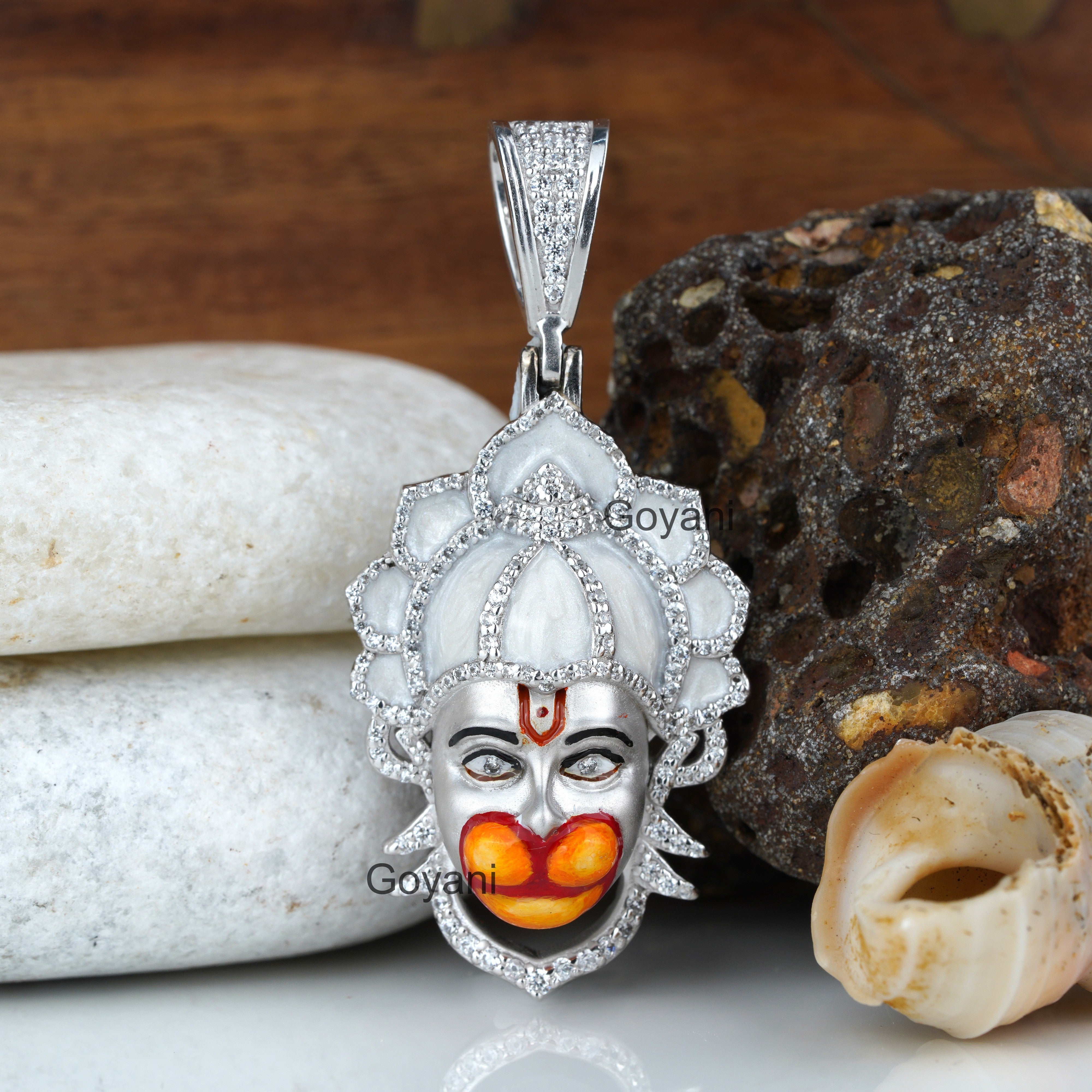 925 Silver Hanumanji Face Pendant with Diamonds & Meena Work | Bajrangbali Mahaveer Hindu God Jewelry | Spiritual Religious Gift for Men & Women