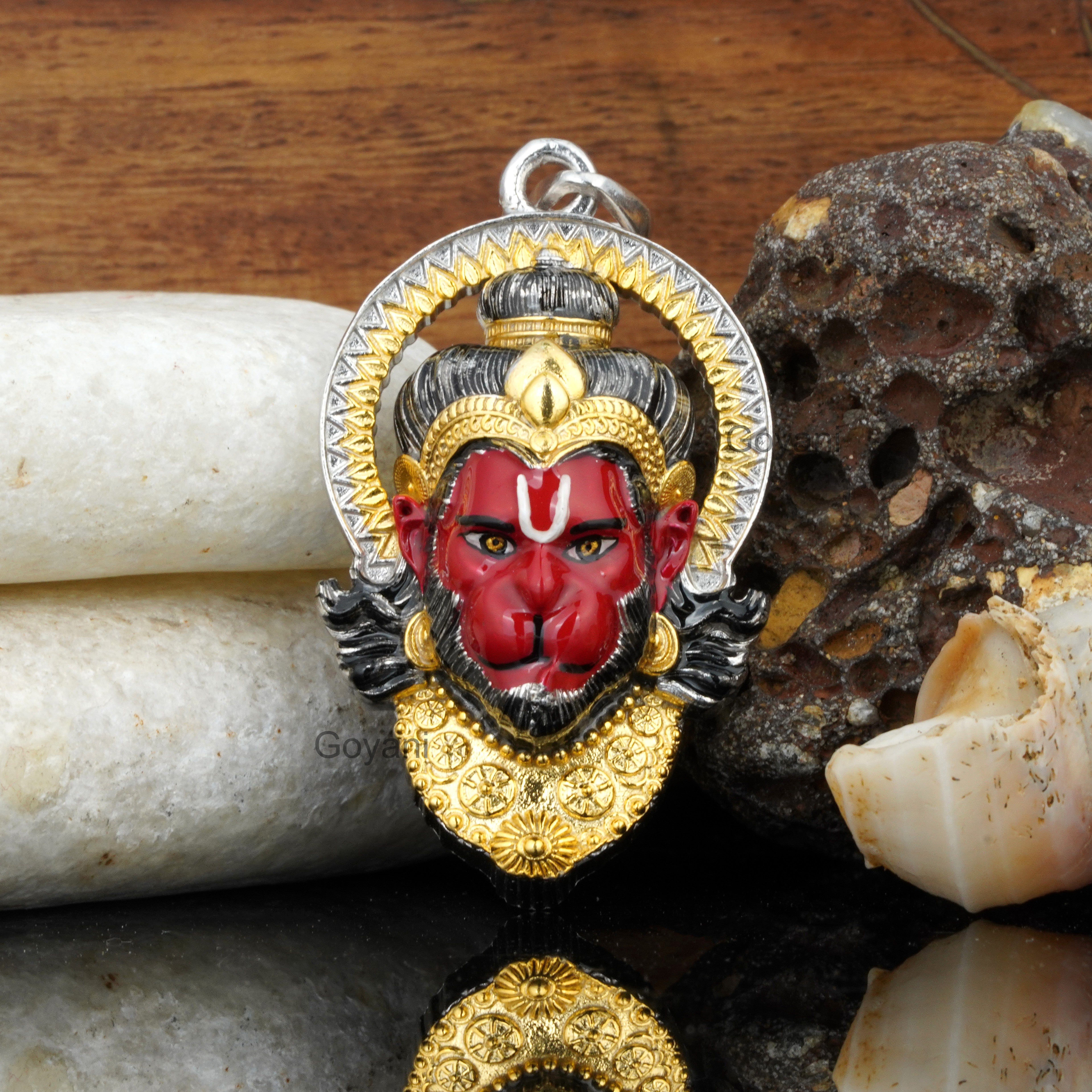 925 Silver Hanumanji Face Pendant | Finest Mina Work & Devotion