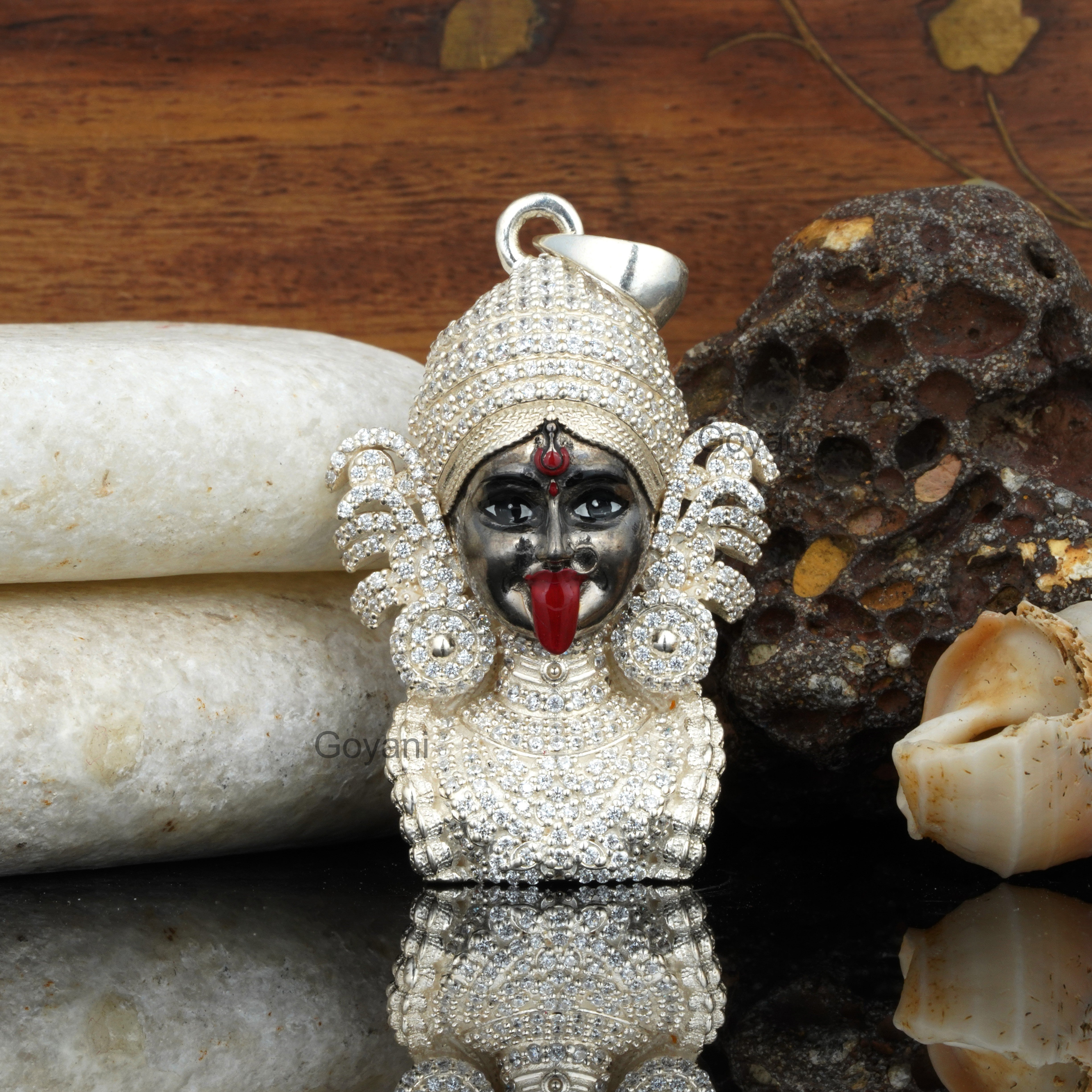 925 Silver Diamond Kali Maa Pendant – Intricate Meena Work for Devotees