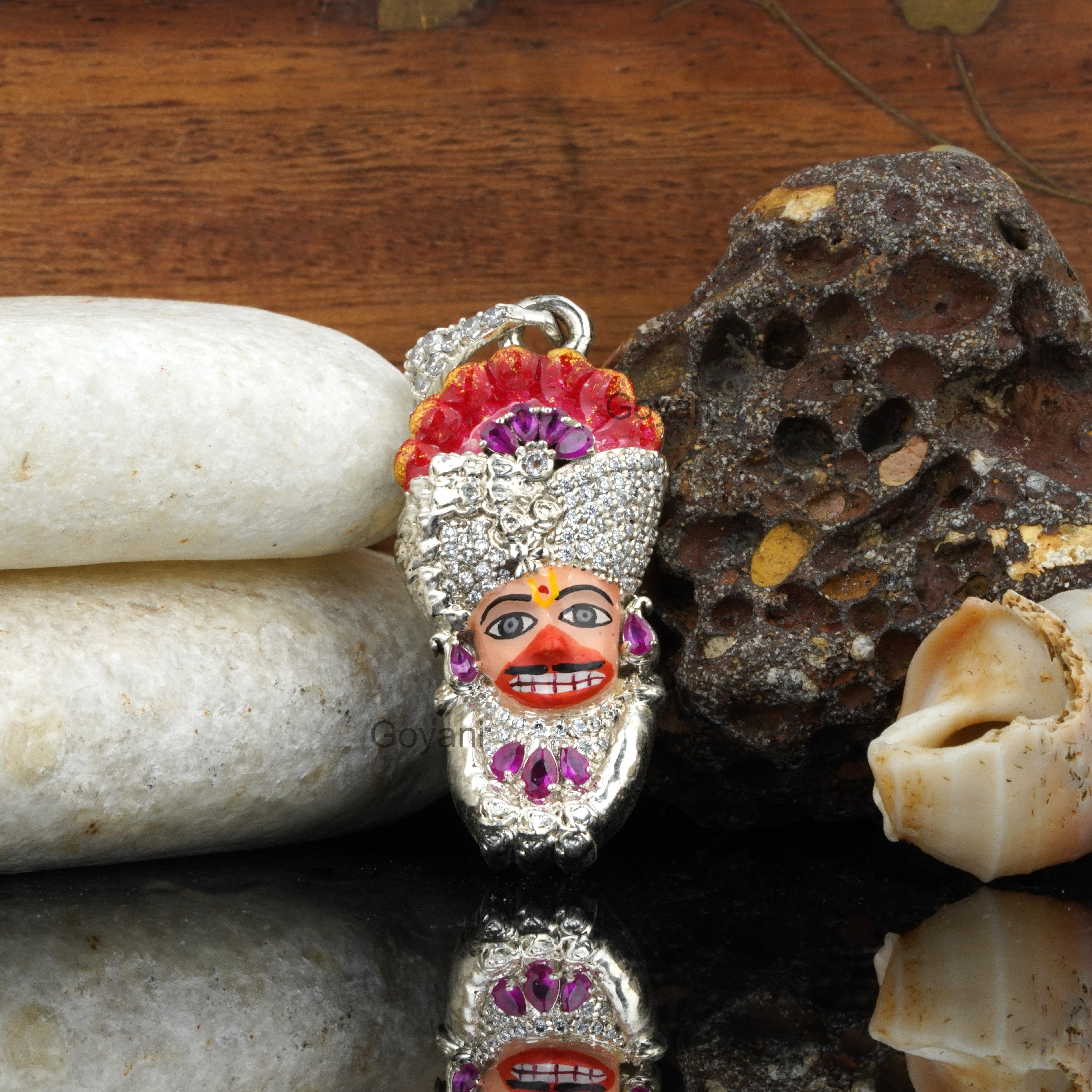 925 Silver Sarangpur Hanuman Pendant – Divine Power in Mina & Diamonds