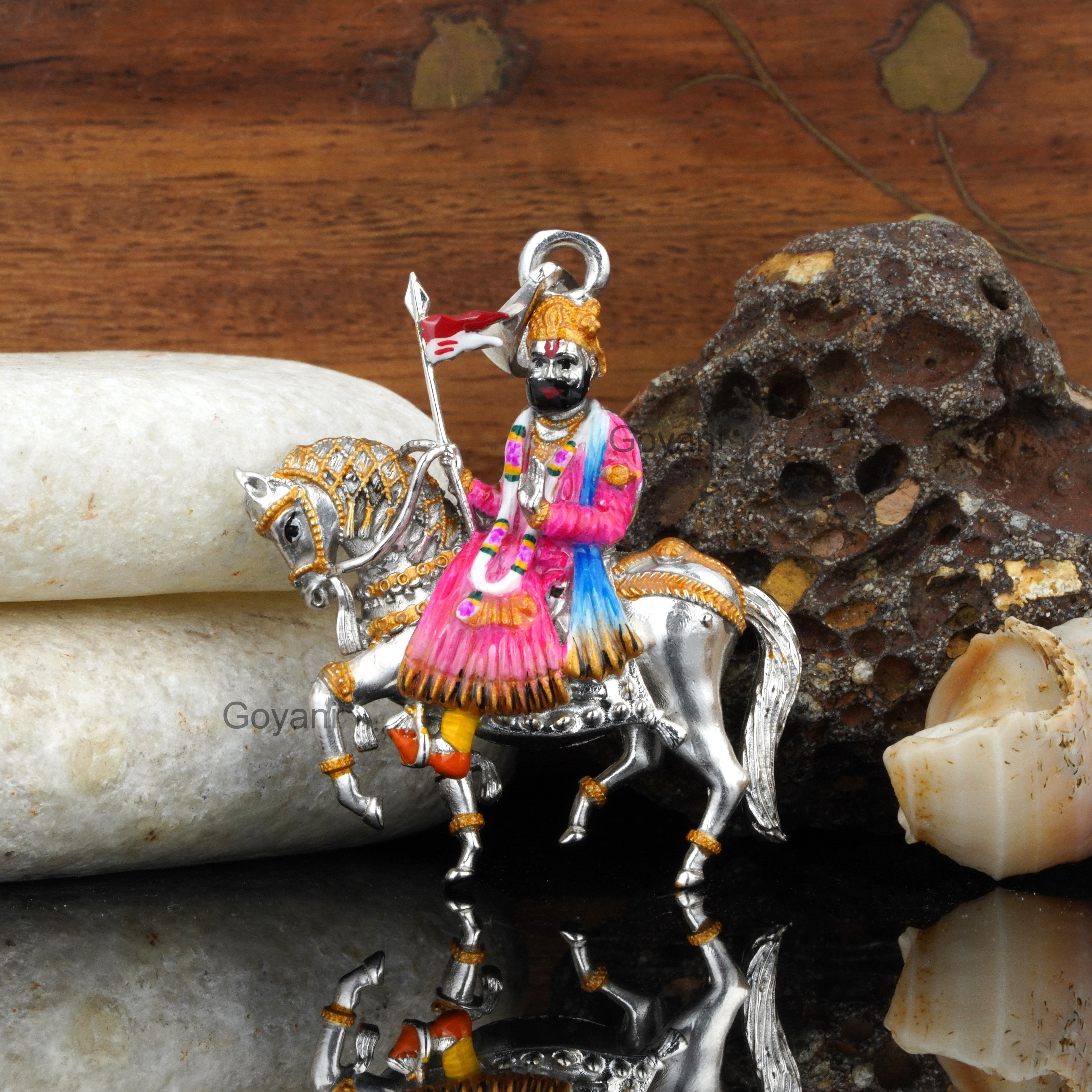 925 Silver Ramdevpir Pendant with Intricate Meena Work Detailing – Spiritual Jewelry for Devotees