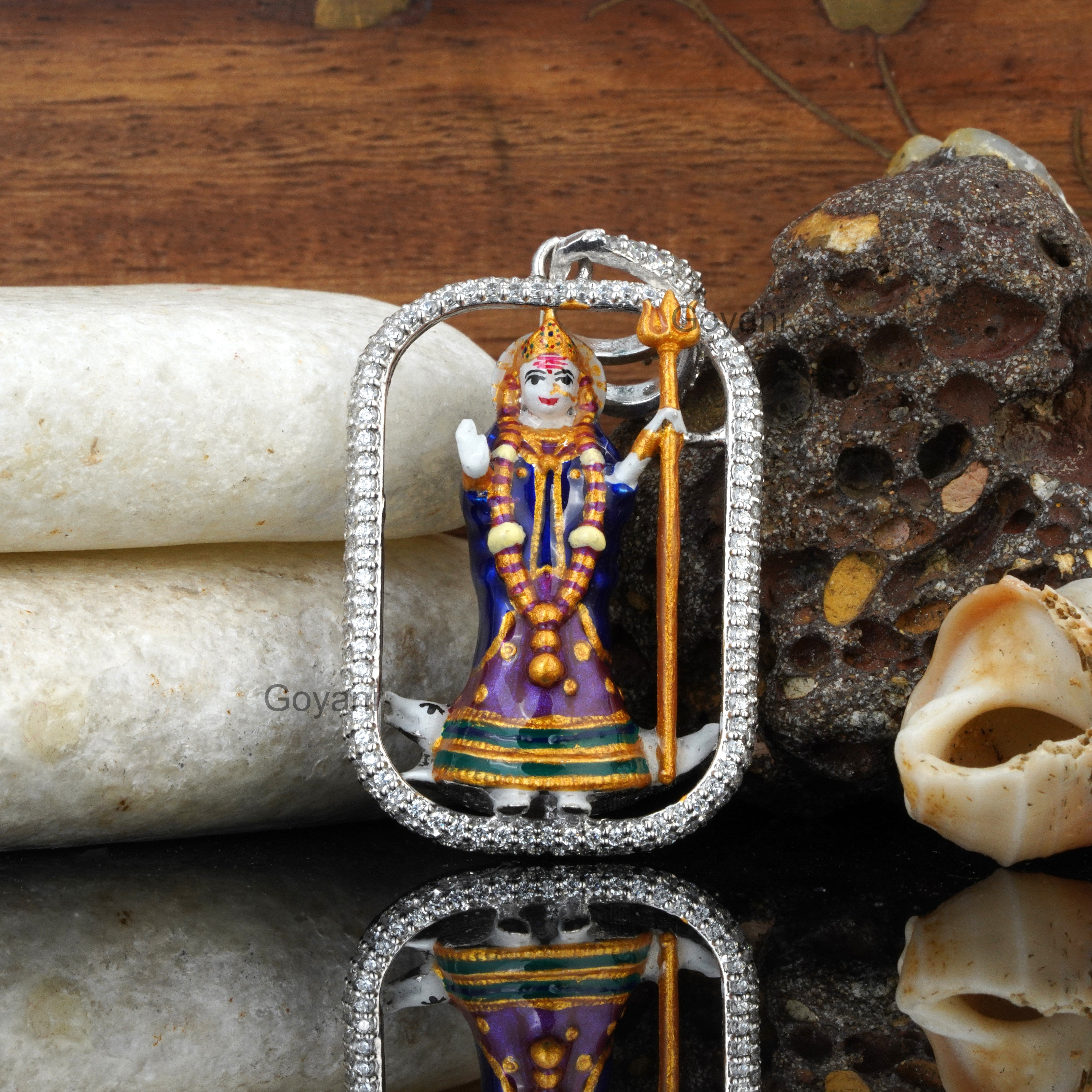 925 Silver Khodiyar Maa Pendant with Mina and Diamond Work – Handcrafted Hindu Goddess Jewelry