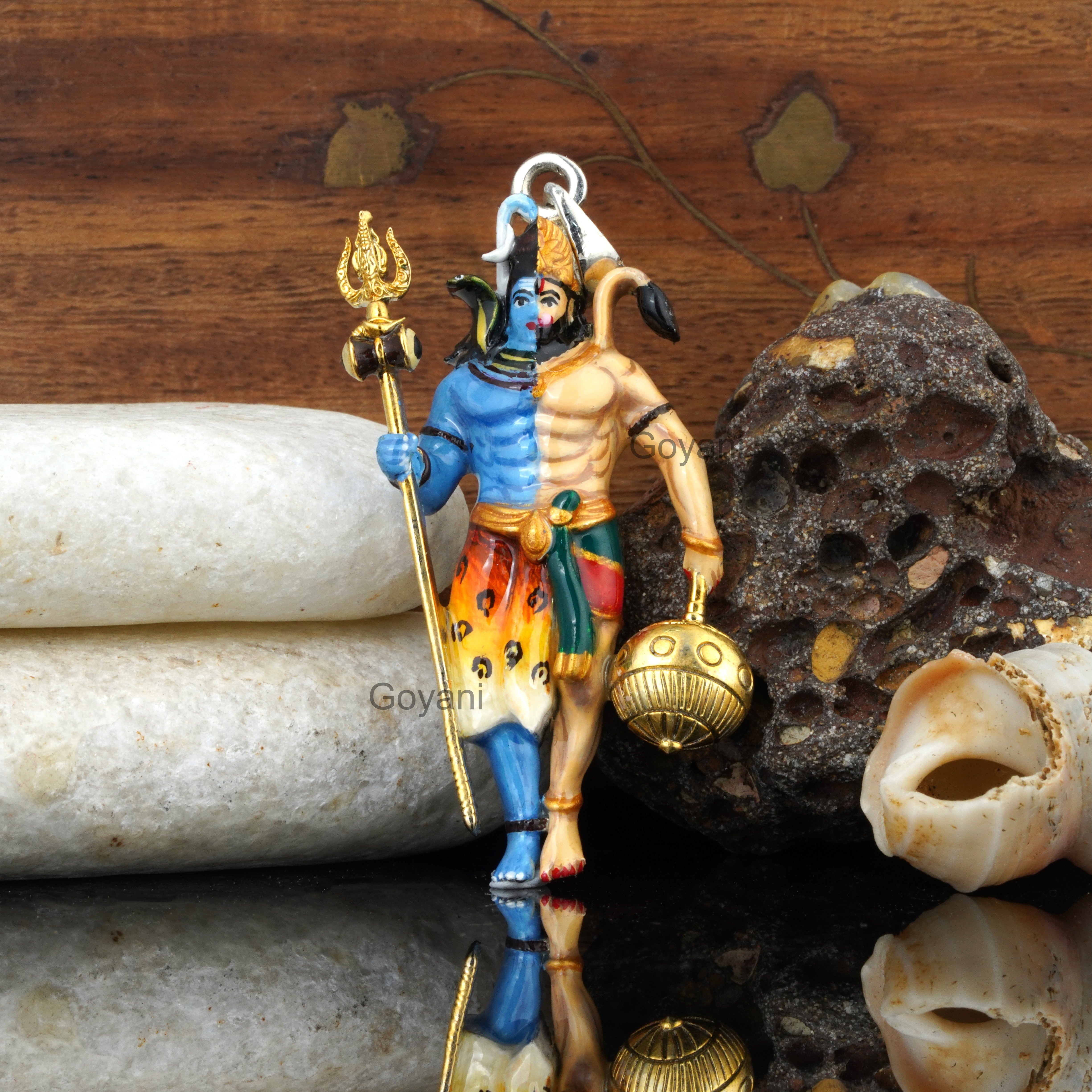 925 Silver Shiv and Hanumanji Pendant | Premium Mina Work | Hindu God Jewelry | Spiritual Gift for Men & Women